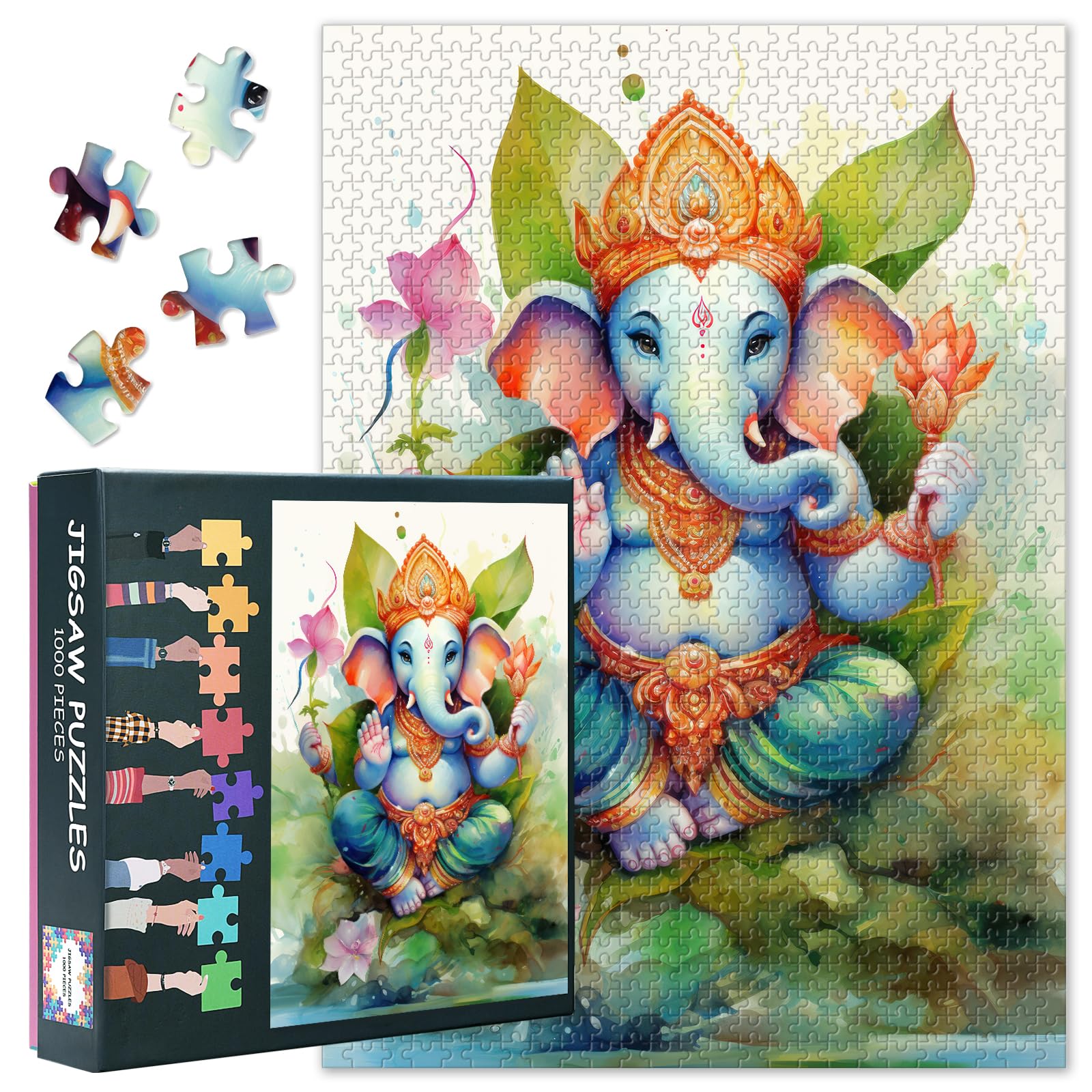 1000 Piece Jigsaw Puzzle Shree Ganesha Watercolor Painting Hindu God Art Ganesh Chaturthi Festival Poster Home Decor Premium Puzzle 27.5x19.7 Inches