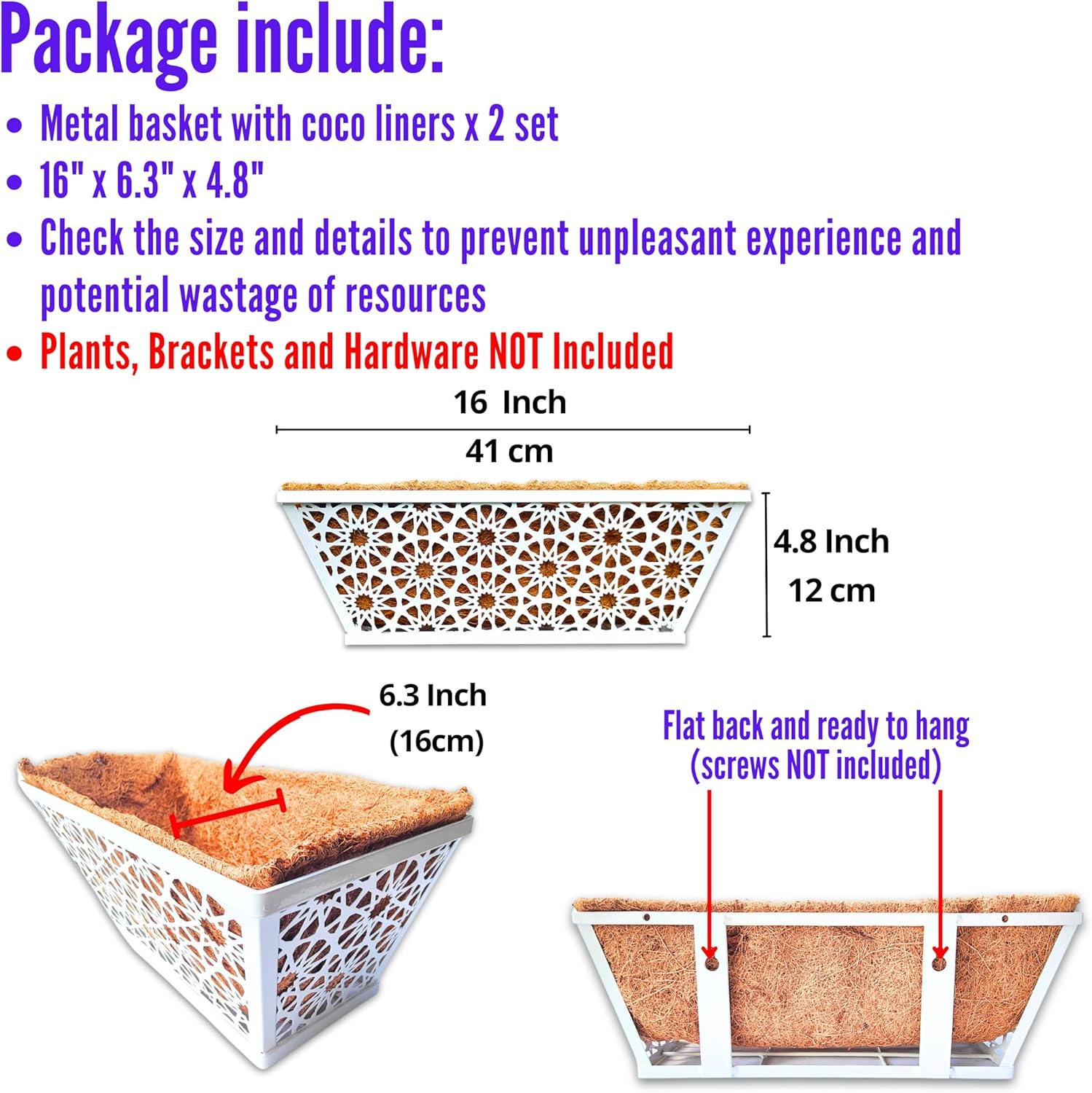 LaLaGreen Window Boxes Planters for Outdoor Plants (2 Pack, 16 Inch) White Metal Rectangular Wall Hanging Planters Deck Railing Flower Box with Coco Liners, Trendy Horse Troughs Balcony Patio Porch