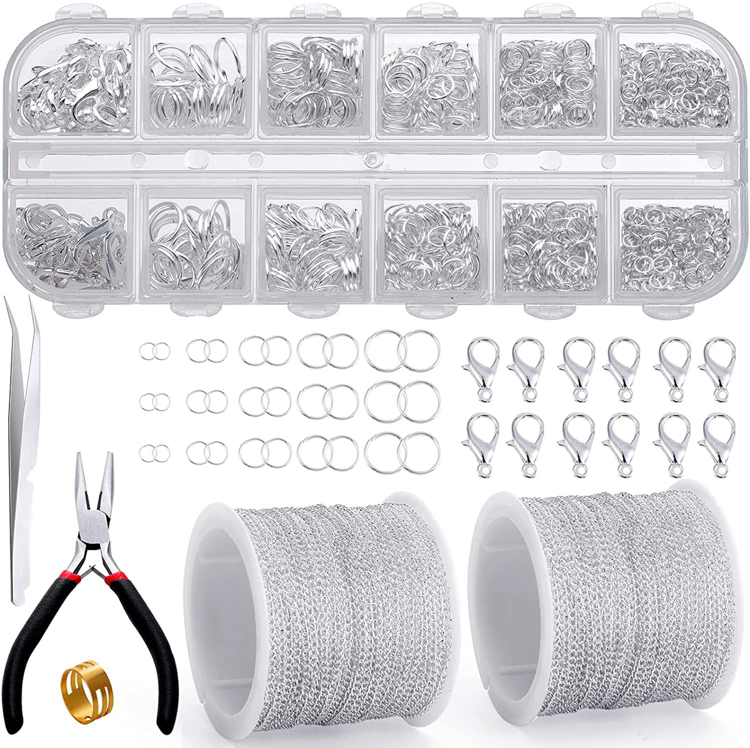 ELECDON 65 Feet Jewelry Making Chains, 2 mm Jewelry Necklace Chain Roll with Jump Rings, Lobster Clasps, Pliers and Tweezers, Jewelry Making Accessories for DIY Necklace, Bracelets, Anklet (Silver)