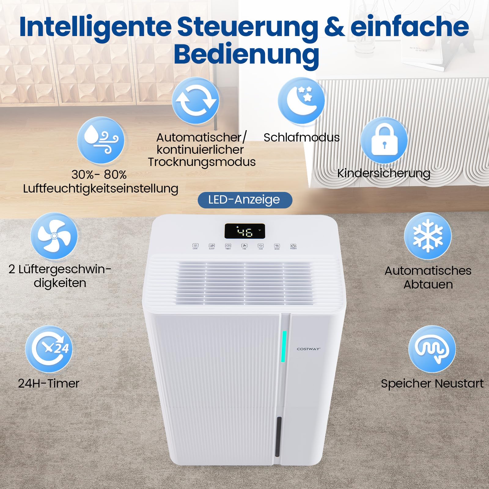 COSTWAY 40 L/Tag Luftentfeuchter, leiser Entfeuchter mit 3 Modi, 24h Timer & LED Anzeige, Raumentfeuchter mit Kindersicherung & Ablaufschlauch, Dehumidifier auf Rollen für Schlafzimmer & Keller