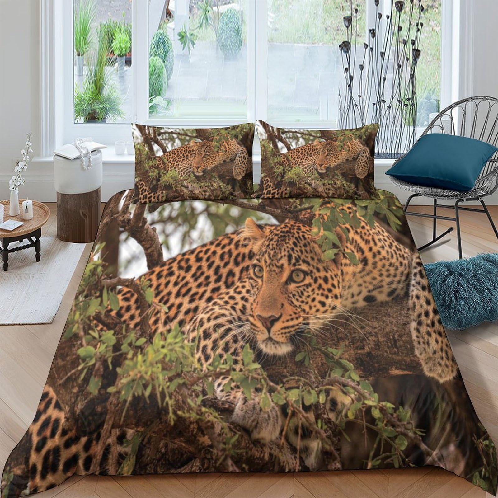 GPLZQXKJNH 3D Printed Leopard Jungle Duvet Cover Microfiber Soft Breathable Forest Animal Bedding Set with 2 Pillowcases for Bedroom Decor Single（135x200cm）