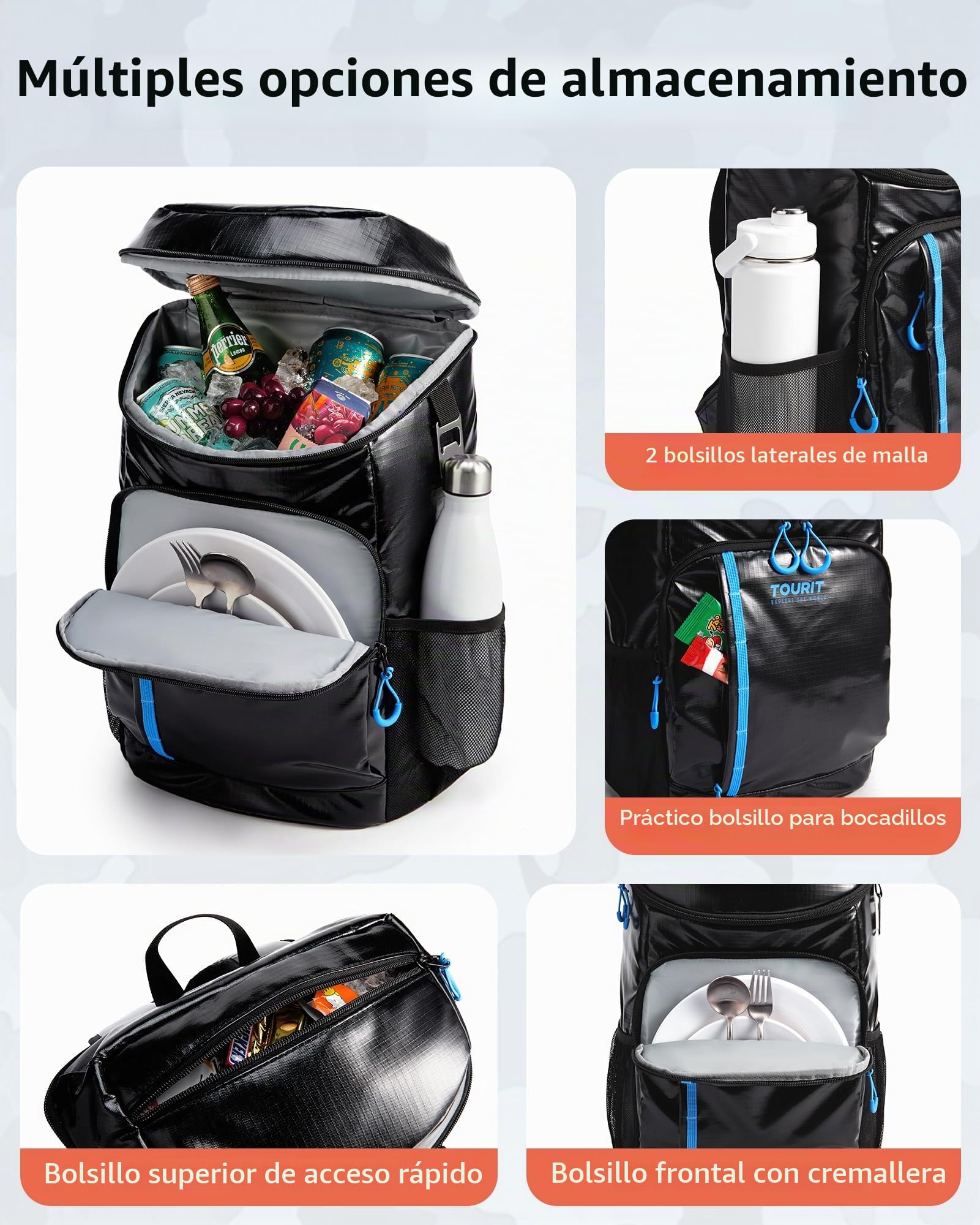 TOURIT Mochila de refrigeración de 28 l con abridor de botellas, capacidad para 30 latas, color negro