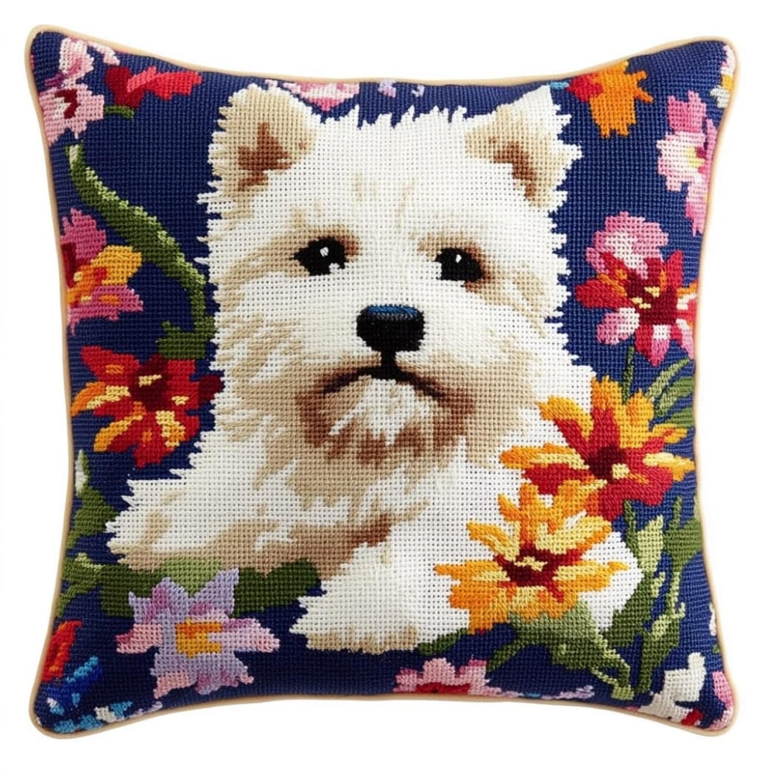 WallustrioaW Cross Stitch Cushion Covers Kits,West Highland White Peony in the Flowerbed,Embroidery Kit Printed Tapestry Canvas 11Ct Cushion for Creative Home Décor 18x18in