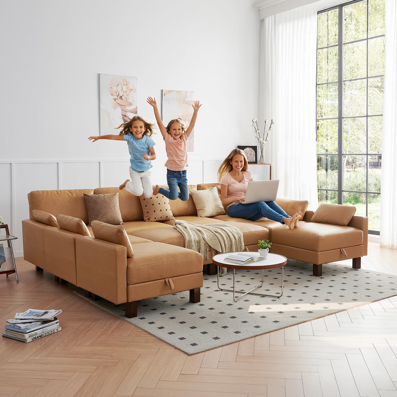 U Shape Sectionals Sofa Couch with Storage, Faux Leather 10 Seater Sofa, Big Comfy Couch, Large Sectionals for Big Space, House, Office, Tan