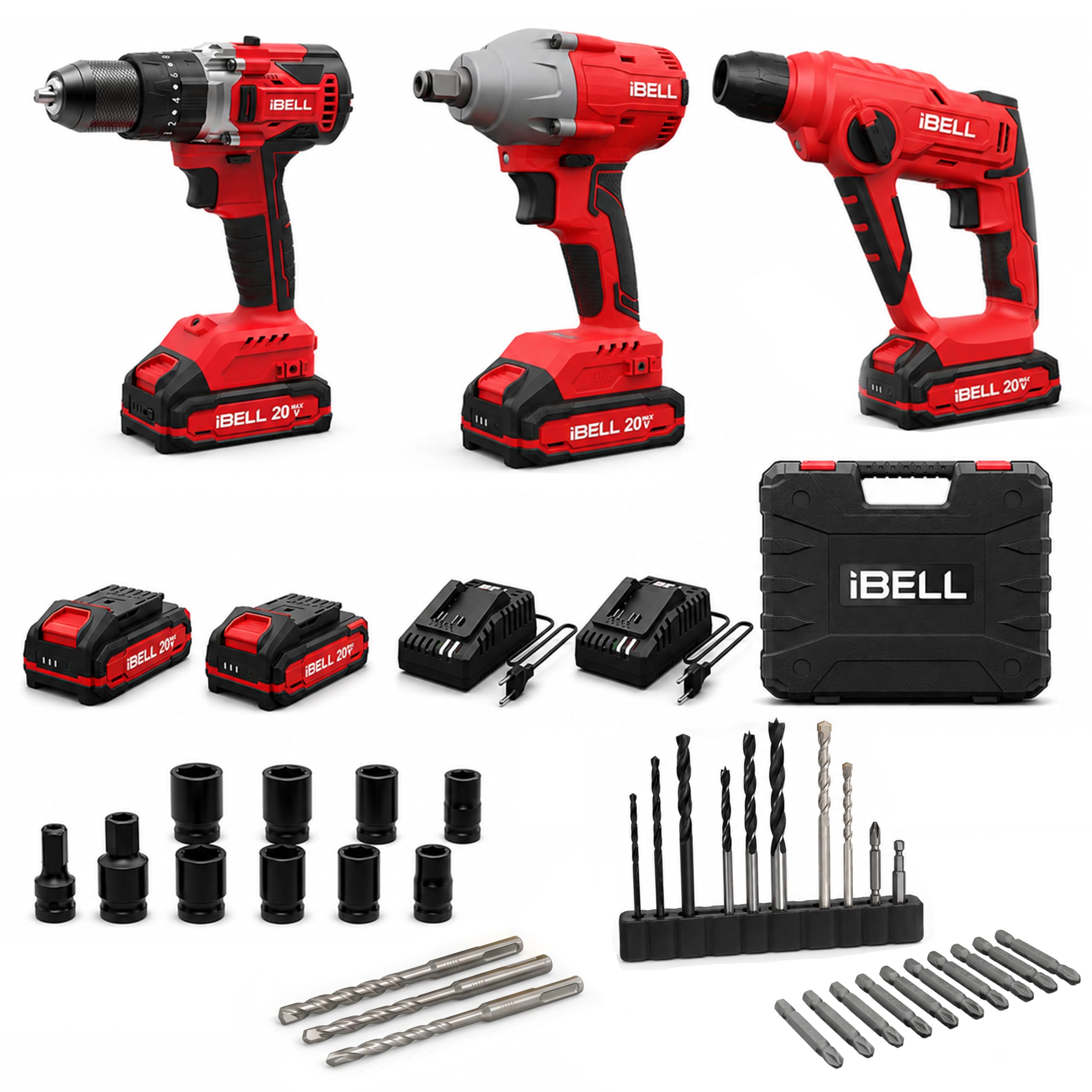 IBELL 20V Cordless Power Tool Combo Kit | 3-Tool Set with 80Nm Brushless Impact Drill, 320Nm Brushless Impact Wrench & 1.2J Rotary Hammer | 2 x 2.0Ah Batteries, 2 Fast Chargers & Carry Case-image-7