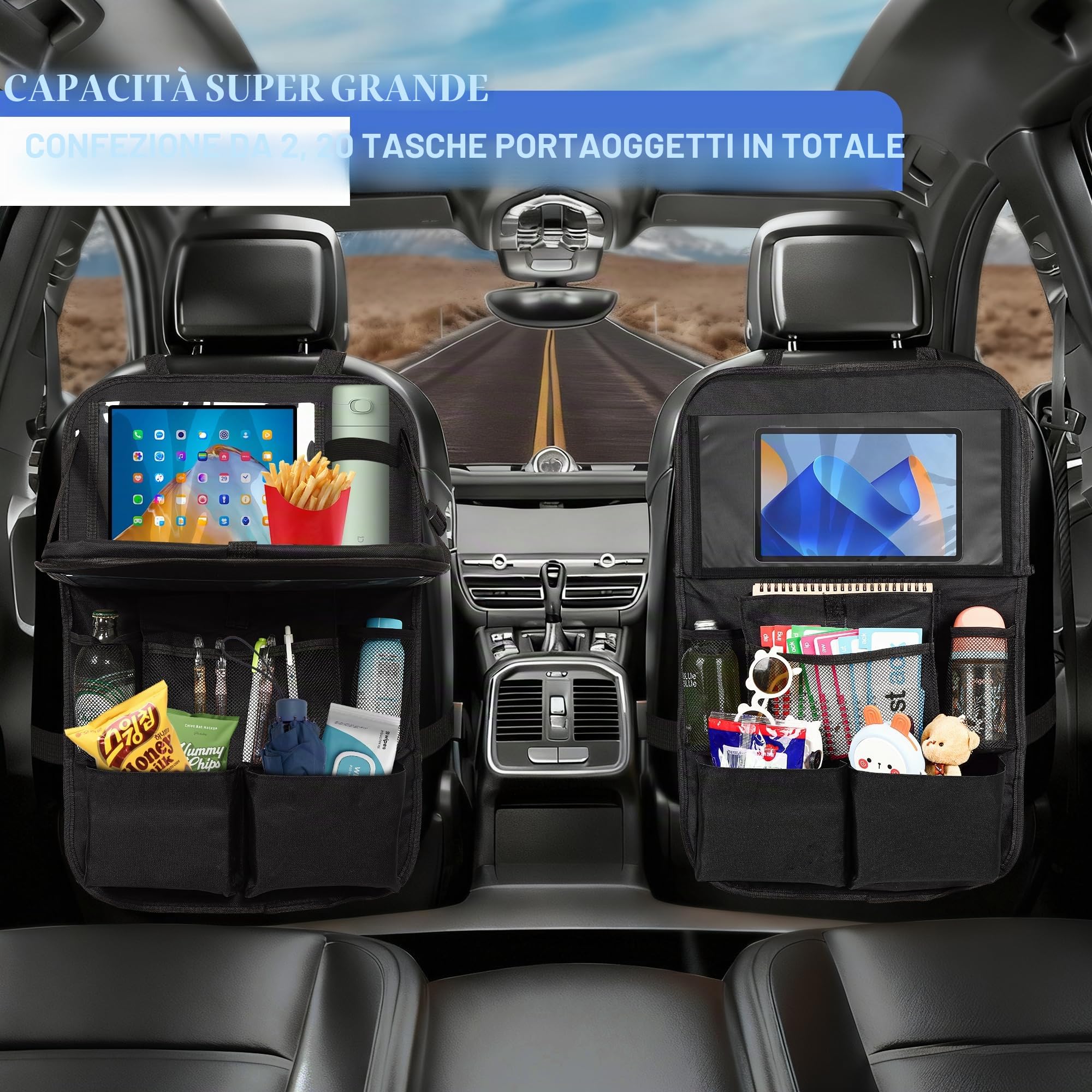 Organizer Auto 2 Pezzi, Nero con Vassoio Pieghevole, 10 Tasche, Porta Tablet da Auto | Protezione Sedile Auto Bambini Posteriore Universale (2)