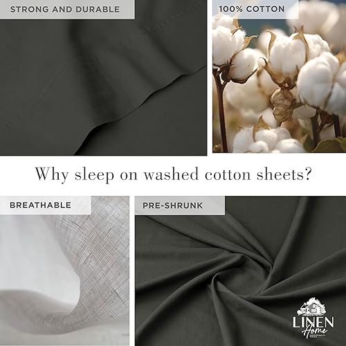 Miniatura 4 de Linen Home Juego de sábanas de percal de algodón lavado, color carbón, bolsillo profundo, 4 piezas, 1 sábana encimera, 1 sábana bajera y 2 fundas de