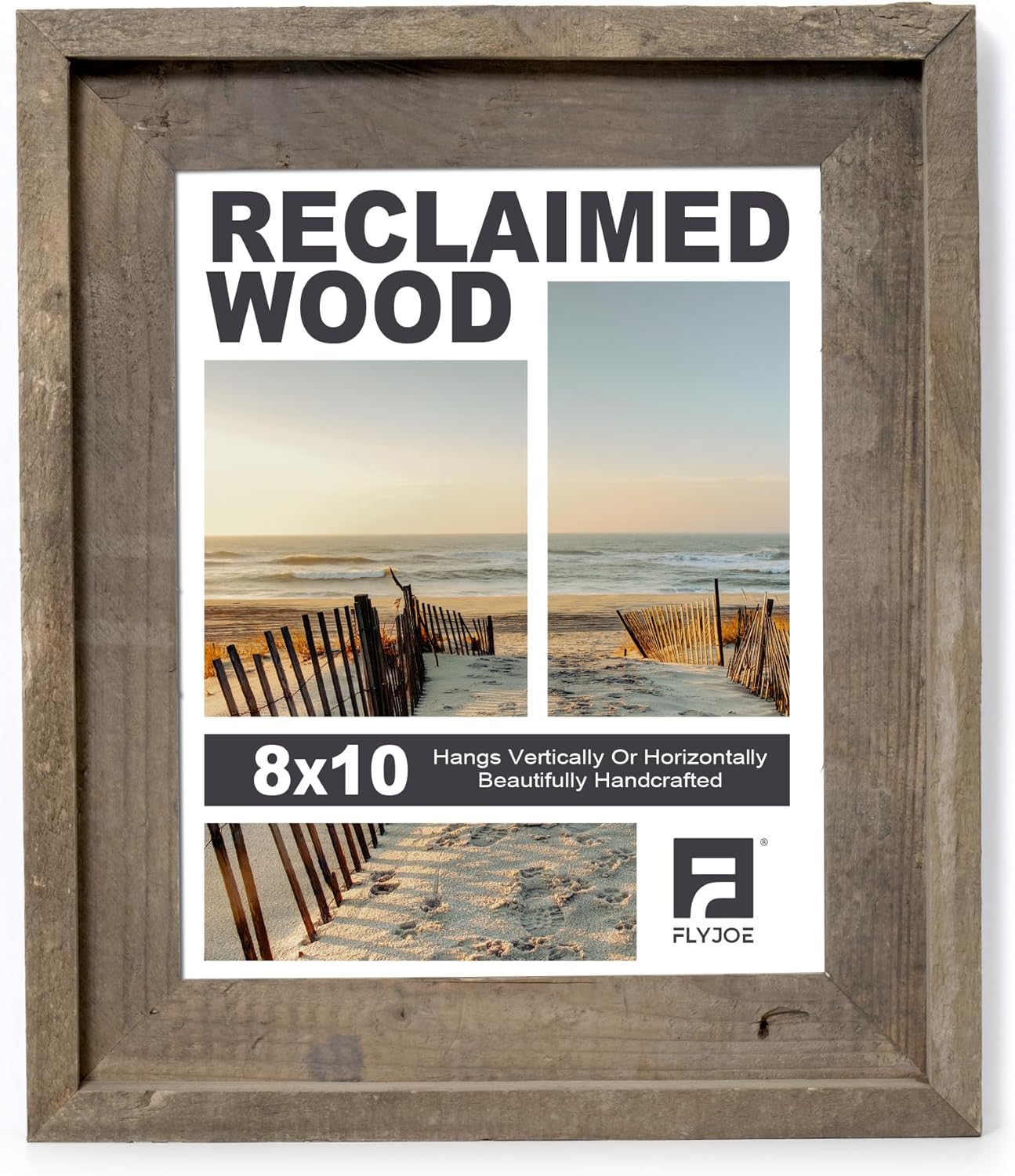 Rustic 8x10 Picture Frame, 100 Reclaimed Barnwood Frame with Tempered Glass