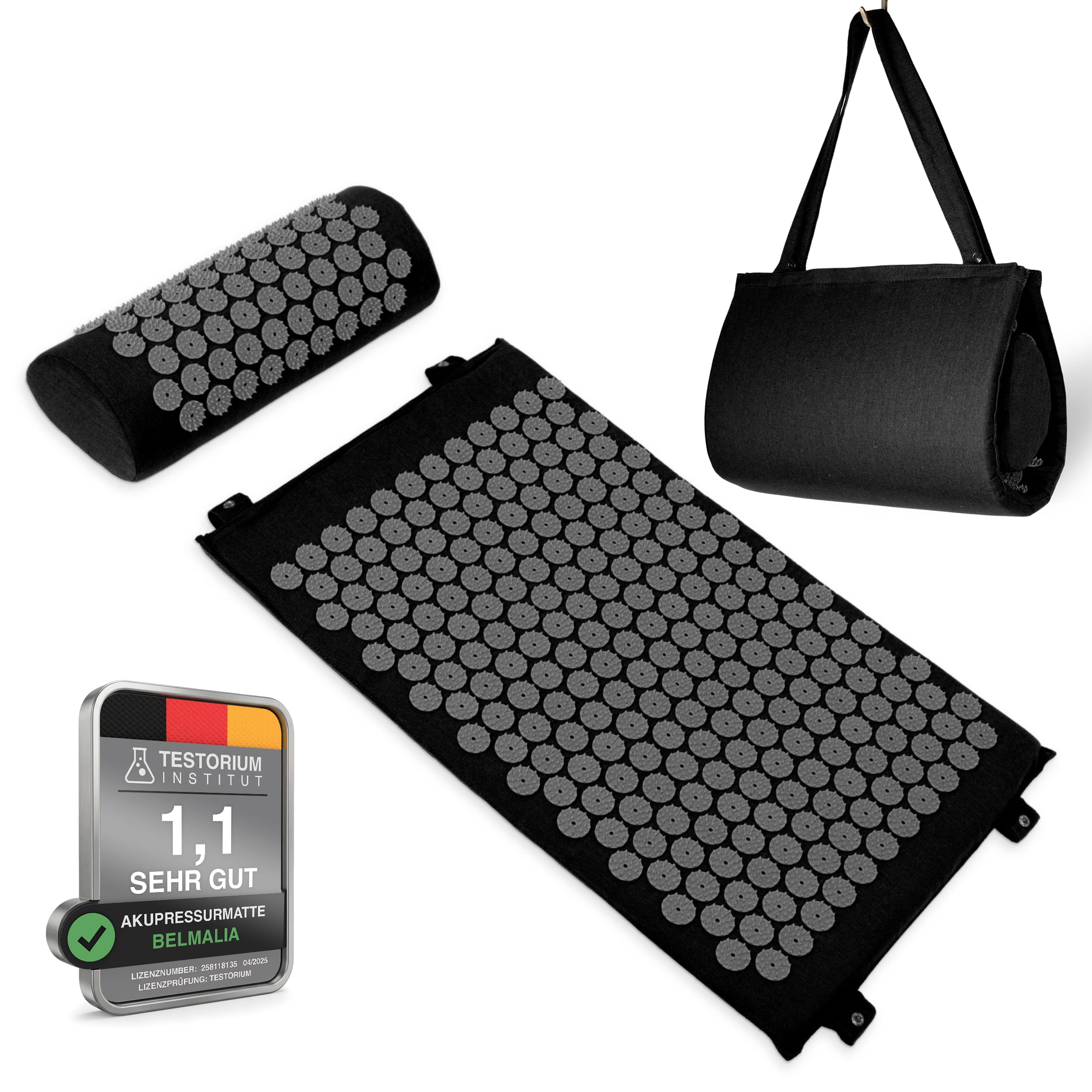 Set de Tapis et Coussin d’Acupuncture | Ensemble D’Acupression | Tapis de Massage à Domicile avec Poignées de Transport | Noir