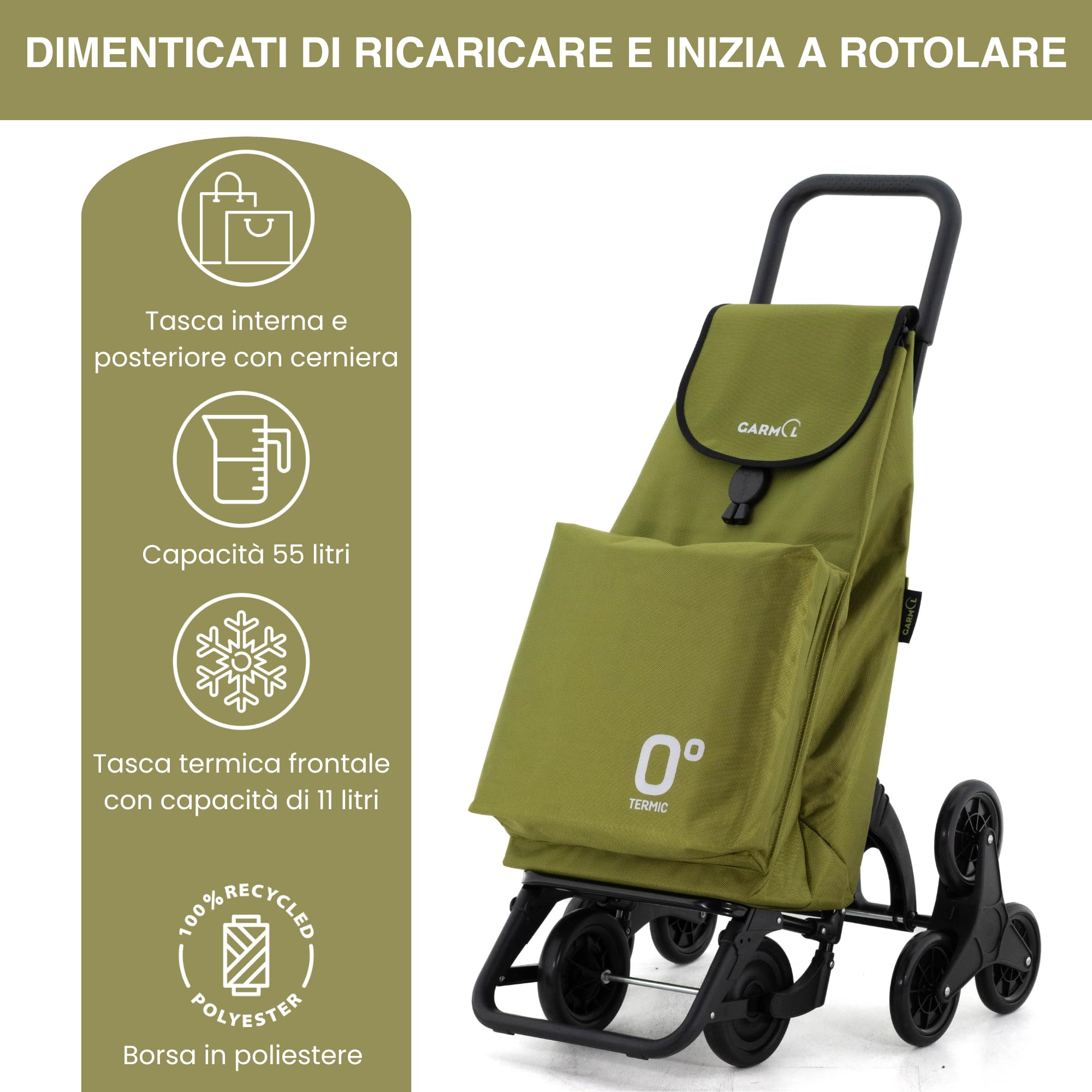 GARMOL Carrello per la spesa termico pieghevole da 55 litri | Tasca termica interna da 11 litri | Carrello della spesa 8 ruote scalate di grande capacità | Carrello pieghevole colore verde avocado