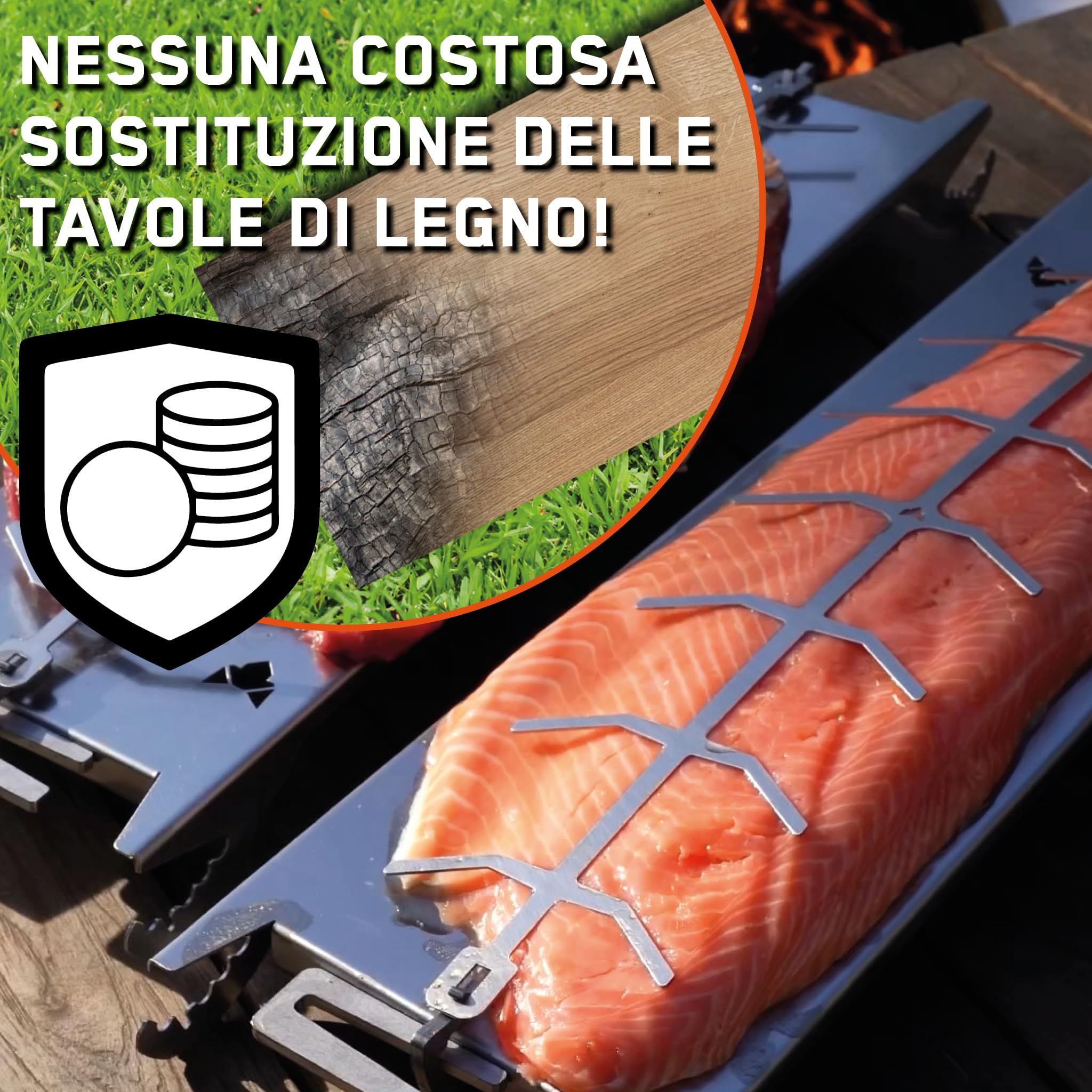 FENNEK Supporto per Salmone in Acciaio Inox per braciere e Barbecue a Sfera, con Speciale meccanismo di serraggio, Perfetta Alternativa al Tagliere per Salmone di Fiamma, Made in Germany