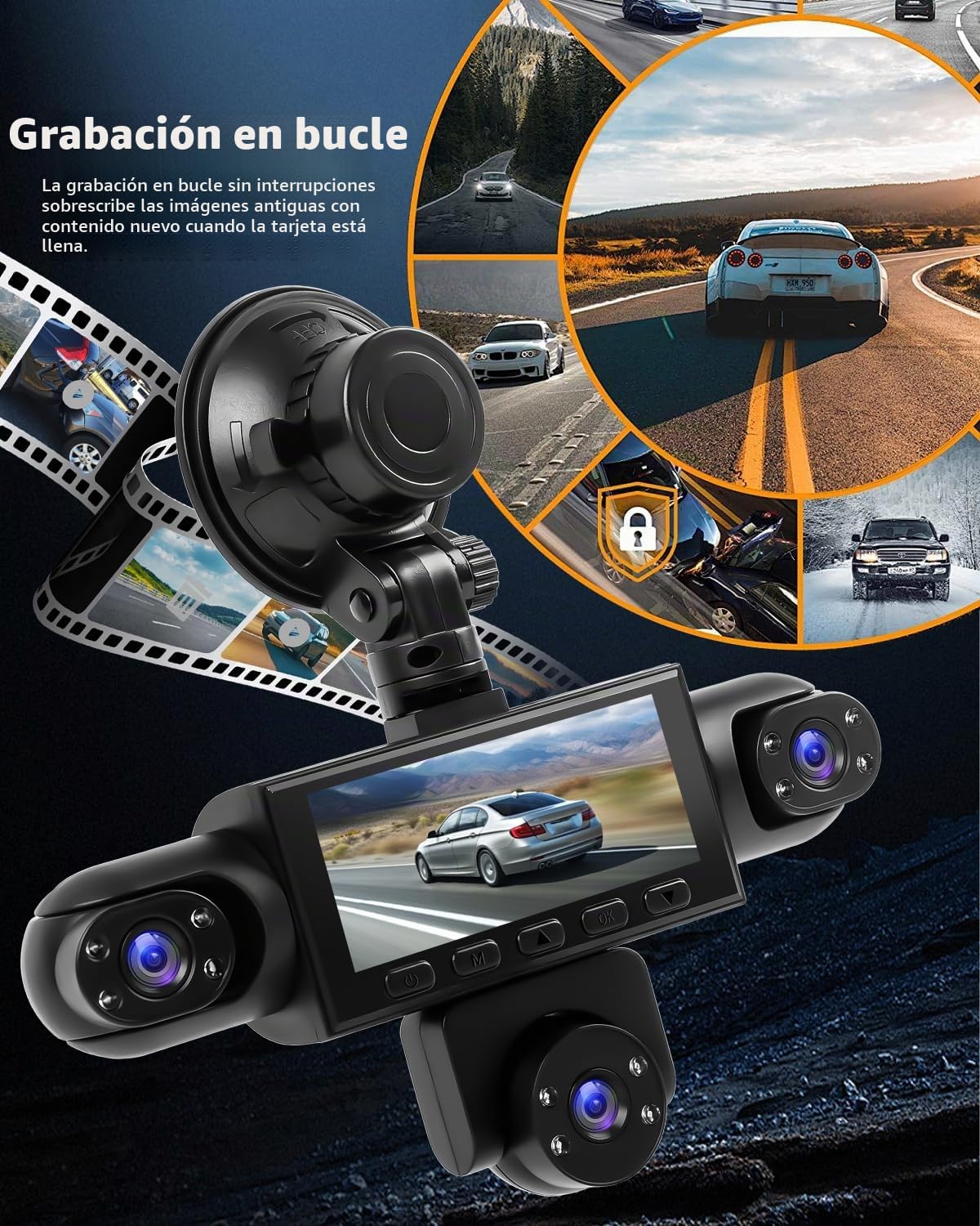 NHOPEEW Dashcam 360° Canales para Coche con 1080P Cámara Frontal | Monitor de aparcamiento 24 horas, detección de movimiento y cámara 360°