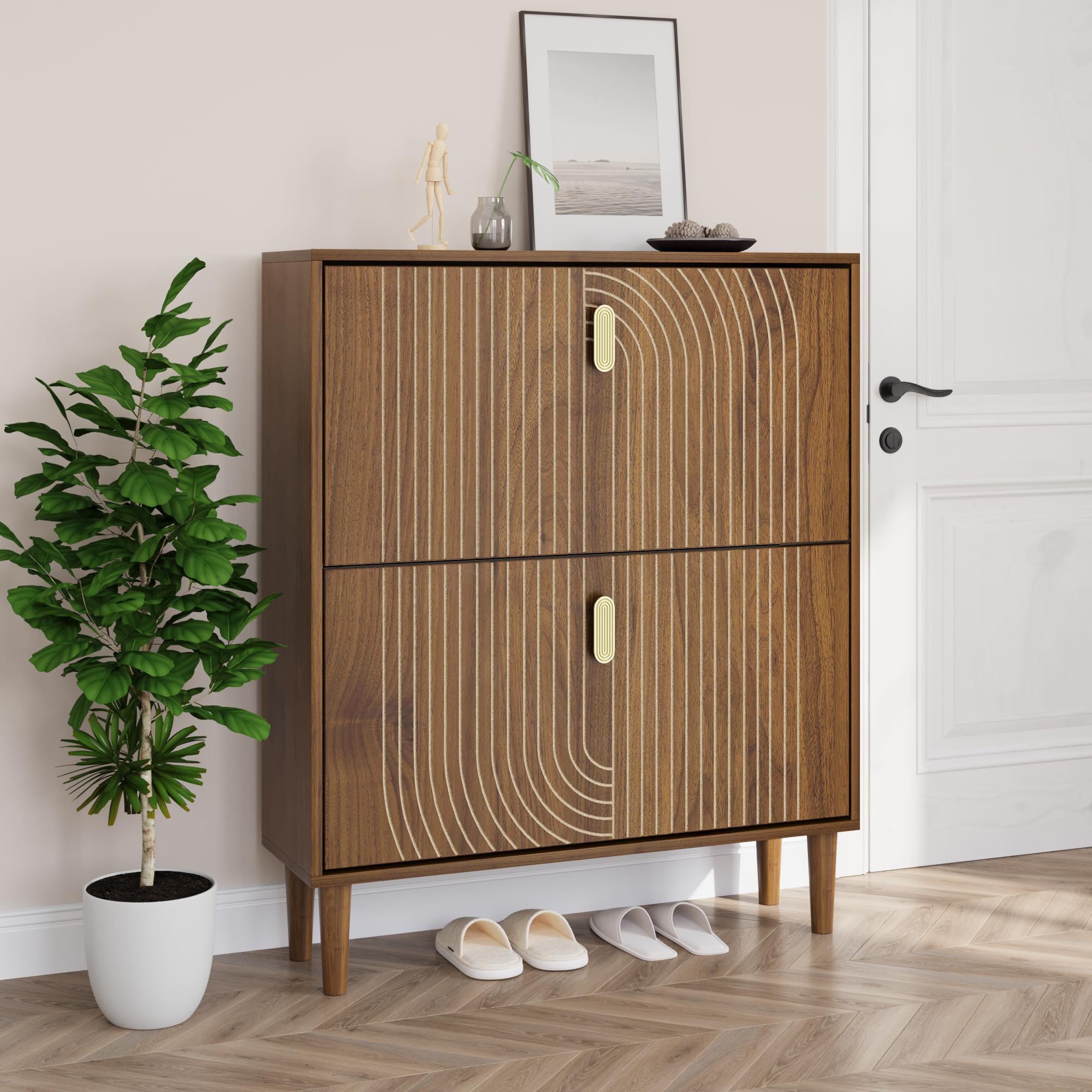Smuxee Shoe Cabinet with 2 Flip Drawers, 31.5" Walnut Hidden Shoe Storage Cabinet with Line Groove Design, Freestanding Shoe Organizer Cabinet for Hallway, Entryway, Living Room