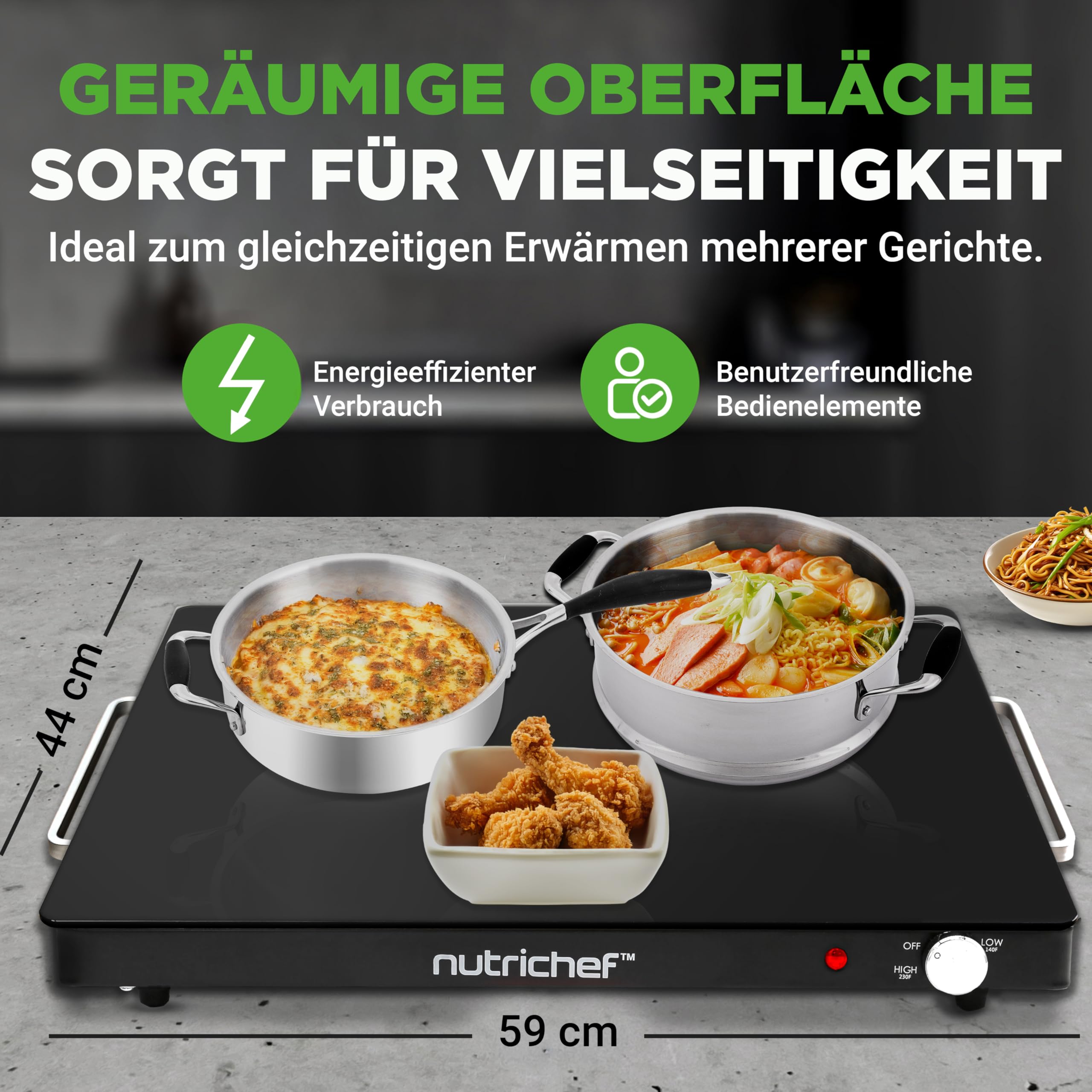 NutriChef Kochplatte elektrisch – Warmhalteplatte 54×42 cm mit Temperaturregelung 60–110 °C, 180 W Warmhaltebehälter für Buffet, Grillgut & Party - Sicher, Energiesparend & Flach - Schwarz