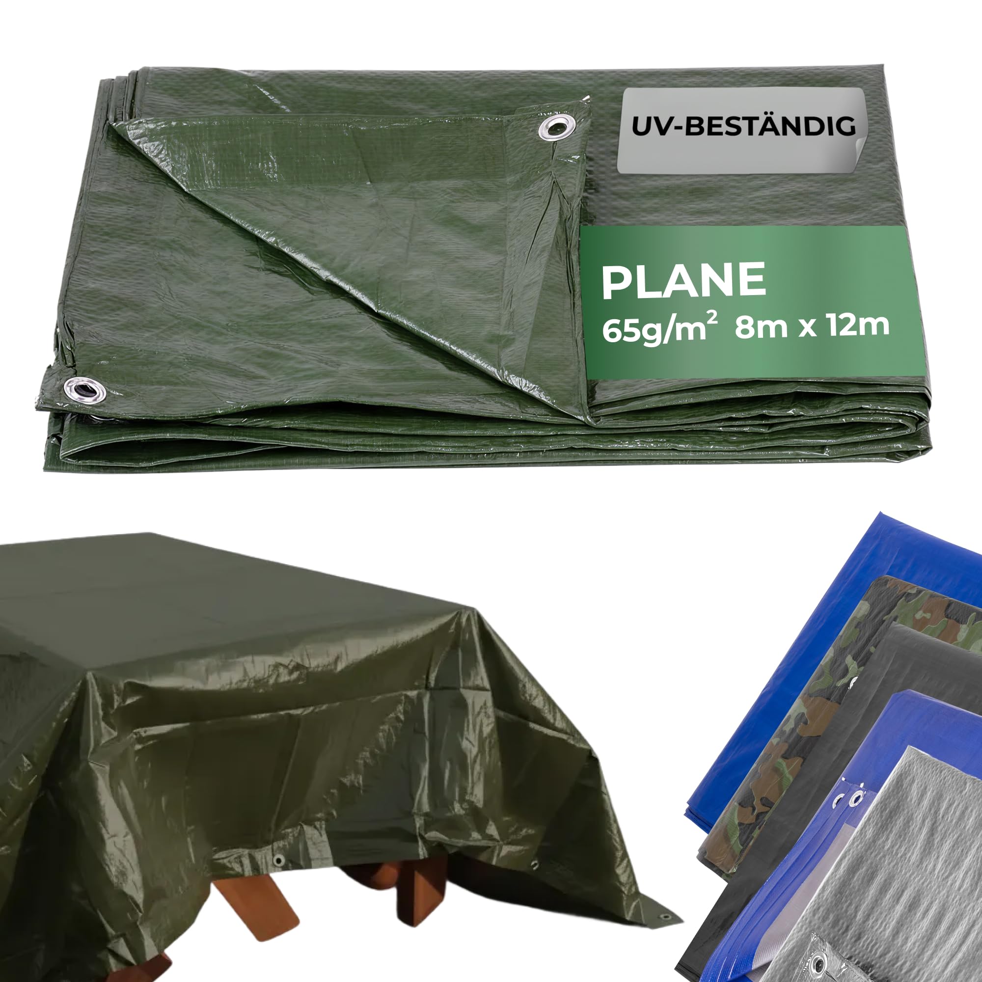 STREND PRO Abdeckplane 8x12 – Wasserdicht mit Ösen | Outdoor Gewebeplane Bauplane 65g/m² | Regenplane grün 8x12m| UV-beständig | Holzplane für Gartenmöbel, Zelt, Camping | Abdeckung Plane