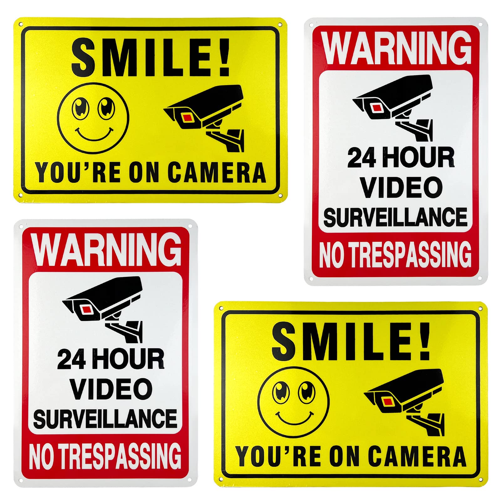 4-Pack Smile You're On Camera Warning Signs, 24 Hour Video Surveillance Sign, Waterproof, Rust -Free Security Warning Signs for Outdoor Yard Indoor Business