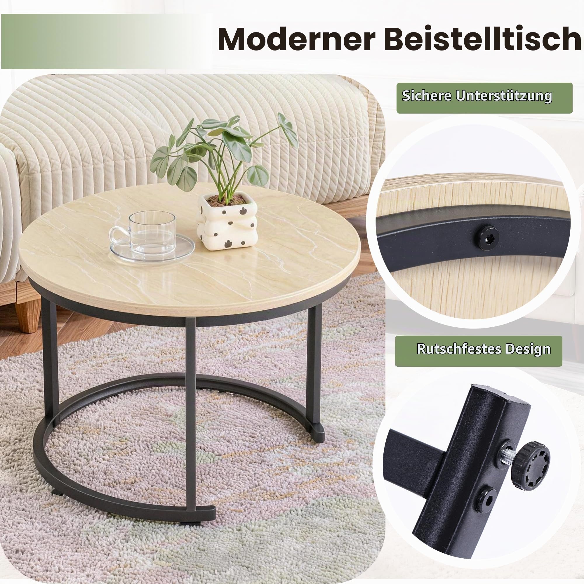 Runder Couchtisch 2er Set, Wohnzimmertisch mit Schwarz Metallgestell, Beistelltisch Set, Couchtisch mit Glatter Holzoptik, Sofatisch für Wohnzimmer, Schlafzimmer und Büro, Elfenbein