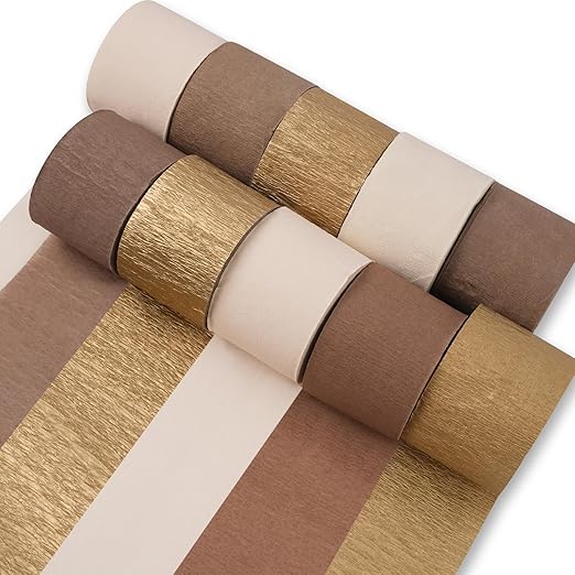 PartyWoo Crepe Paper Streamers 10 Rolls 820ft, Pack of Crepe Paper in Gold, White Sand and Brown, Crepe Paper for Birthday Decorations, Party Decorations, Wedding Decorations (1.8 in x 82 Ft/Roll)