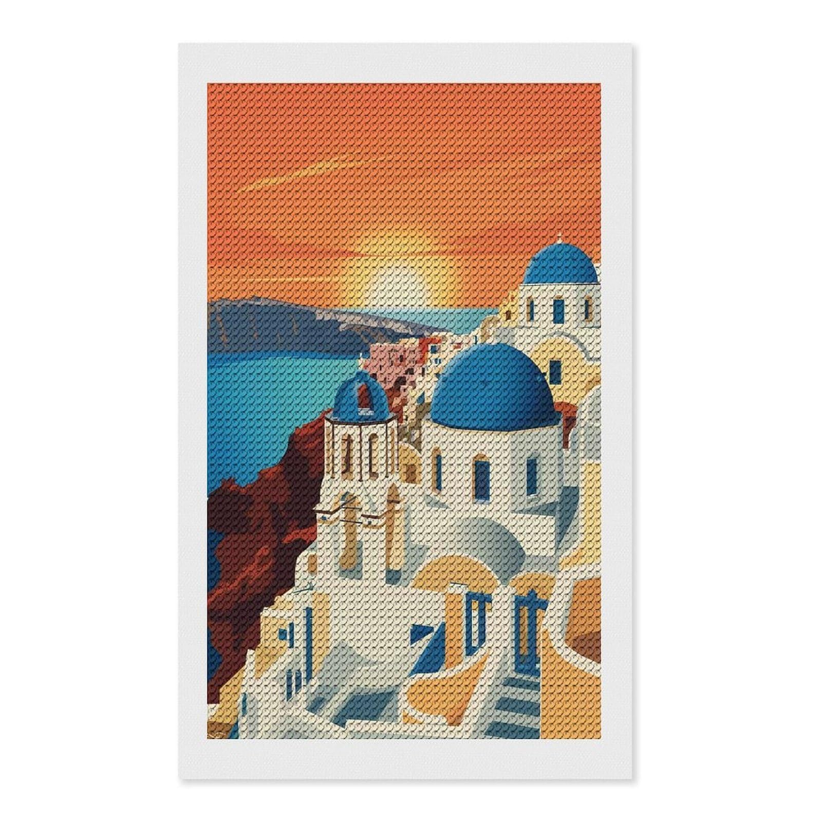 Junmoney Santorini Sunset Illustration Full Drill Diamond Painting Kit 12"x20", Mindful Craft Activity, Bedroom Decor, for Adults, Gift Idea