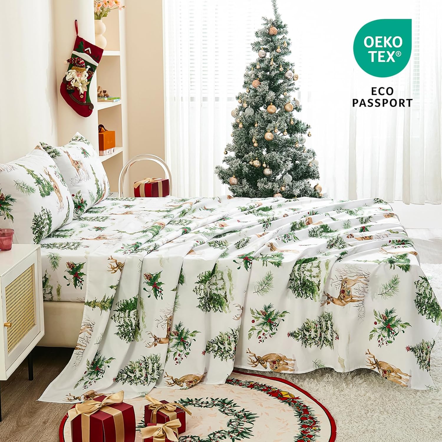 Luxudecor Christmas Sheet Set King Size 4 Pieces Reindeer Green Christmas Tree Fitted Sheet Deep Pocket Soft Microfiber Bed Sheets and Pillowcase for Winter
