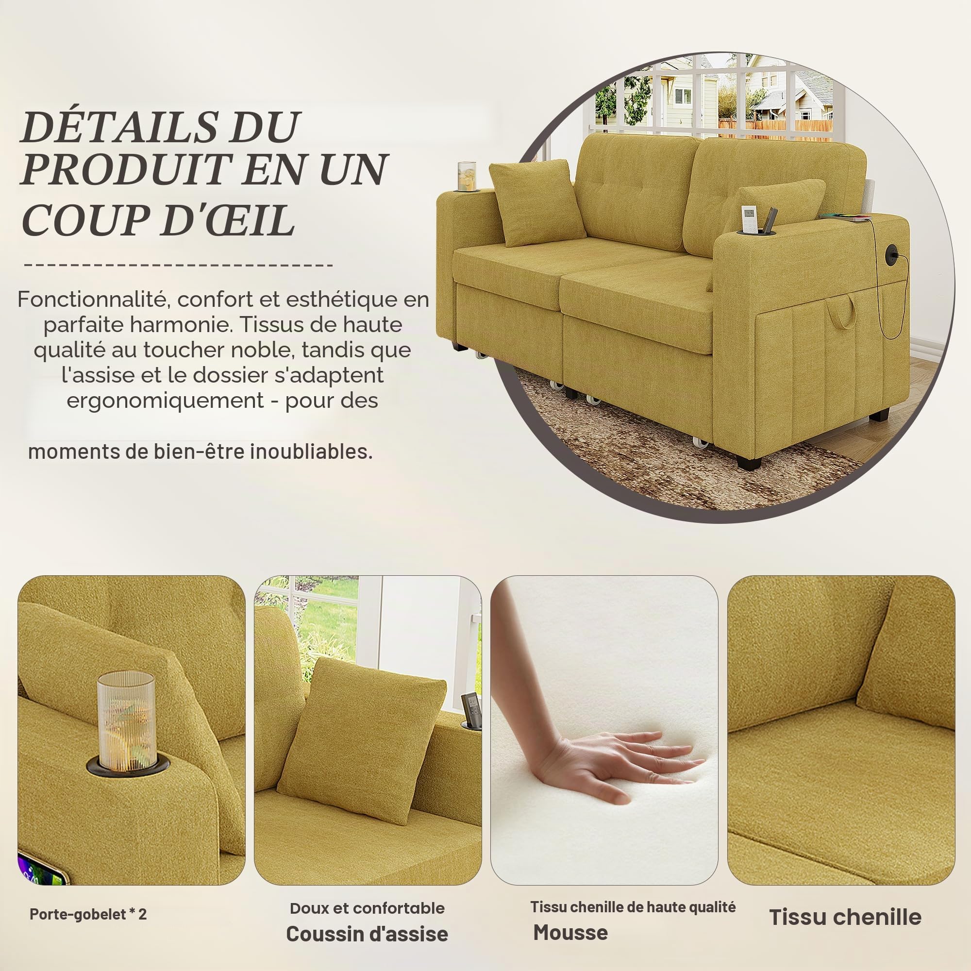 Canapé 2 Places avec Rangement,Canapé d'angle Moderne,2 tiroirs sous l'assise,accoudoirs avec Porte-gobelets,Ports USB/USB-C,Poches latérales,Tissu Chenille,Jaune Moutarde