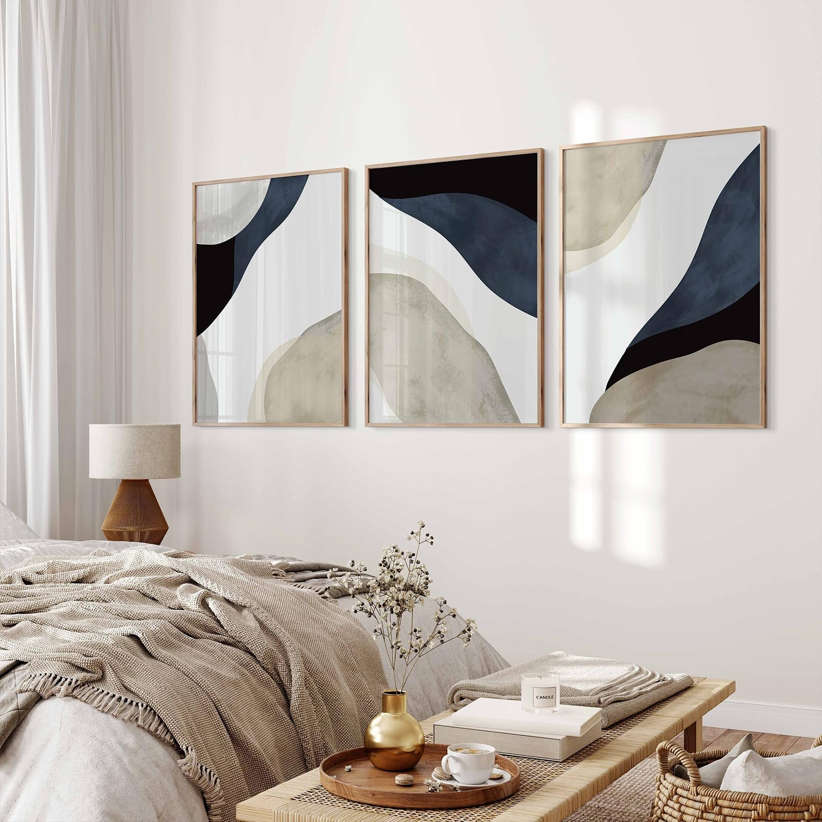 Abstract Beige Blue Black Canvas Art Navy Blue Wall Art Modern