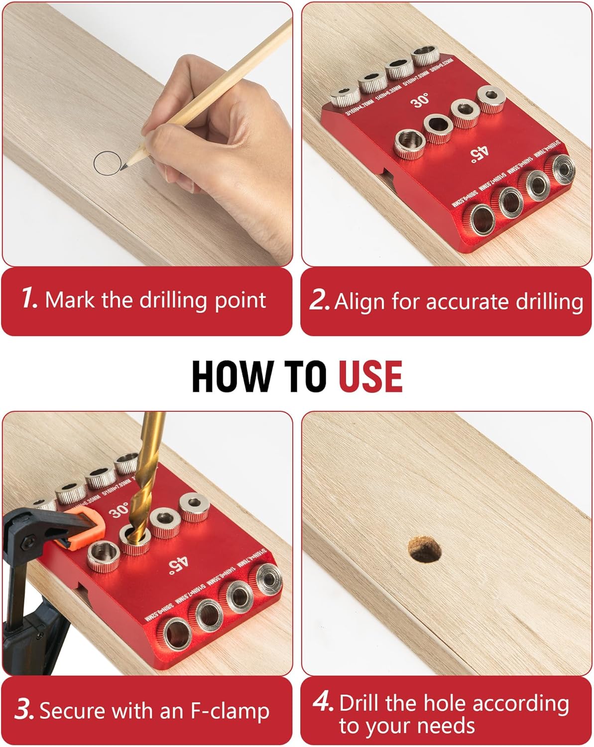 30°45°90° Angle Drill Guide Jig for hand drill, Portable angle drill guide block for straight or angled holes, pocket-hole tool set with 4 bits for holes in railing, handrails, drill press, decks