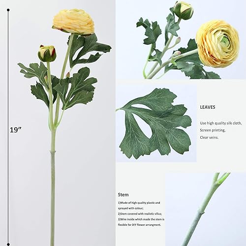 Miniatura 5 de Flores artificiales amarillas de ranúnculo con tallo de tacto real, flores de ranúnculo falsas (paquete de 10) (amarillo)