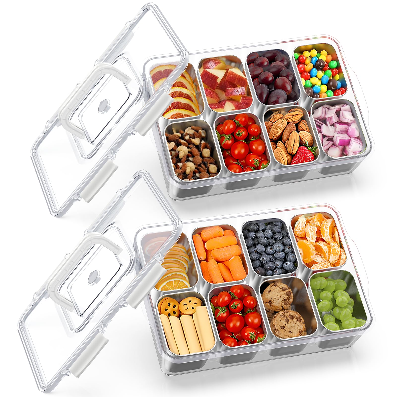 JINDUN Snackbox mit 8 Edelstahl Fächern, 2 Stück Snackteller mit Griff und Einzelnen Deckeln, Verhindert Geruchsübertragung Ldeal, Leicht zu Reinigen für Verschiedene Früchte und Snacks Sowie Gewürze