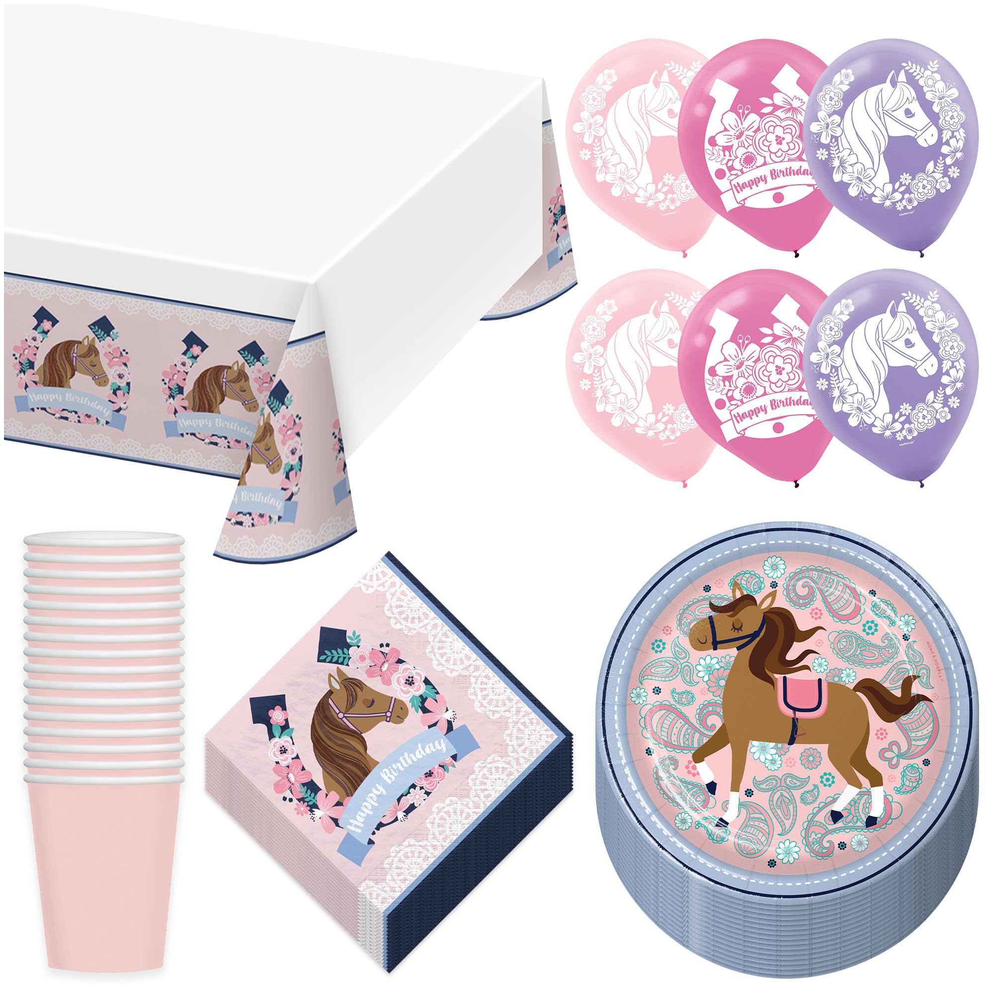 Saddle Up Horse & Floral Party Pack - Paper Plates, Napkins, Cups, Table Cover, and Balloons Set (16 Plates, Napkins, & Cups)