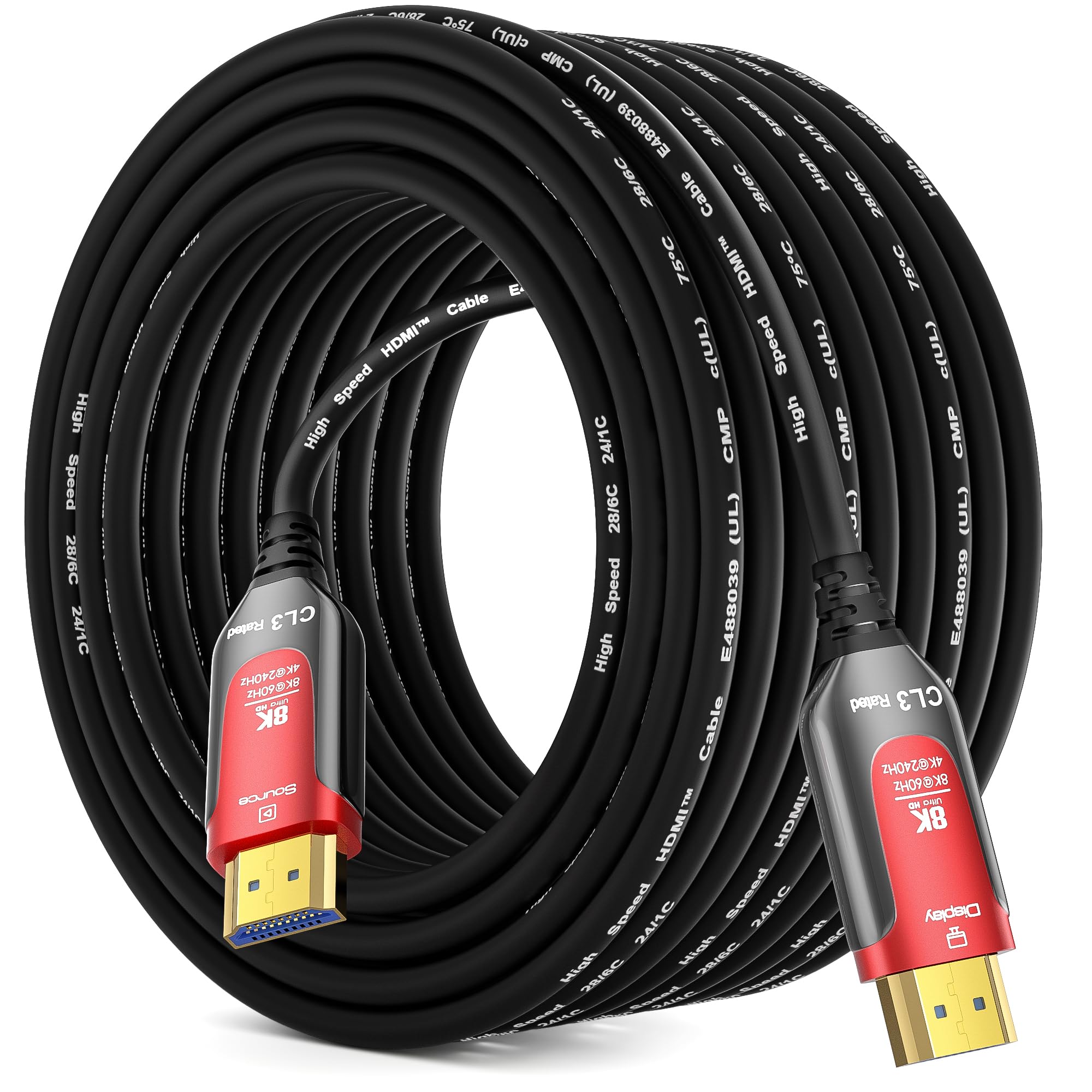 Cable HDMI 8K CL3 de 65 pies, fibra óptica de 48 Gbps, cable HDMI 2.1 largo de ultra alta velocidad, cable CL3 en pared para tuberías, 8K a 60Hz 4K a 240Hz dinámico eARC/HDCP 2.2 y 2.3 compatible con