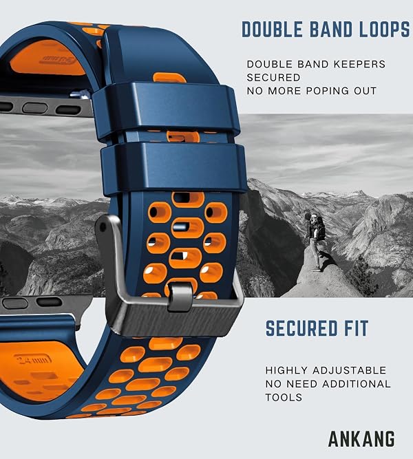 ANKANG Sport Band for Apple Watch Ultra 2 49mm 45mm 44mm 46mm Breathable Rubber Strap for iWatch SE 1 2 Series 4 5 6 7 8 9 for men women Blue_Orange by ANKANG - Used condition - Image 2