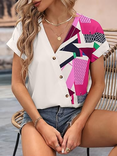 Miniatura 3 de SOLY HUX Blouses for Women 2023 Short Sleeve Blouse V Neck Button Gauze T Shirts Summer Tunic Tops Casual Tees