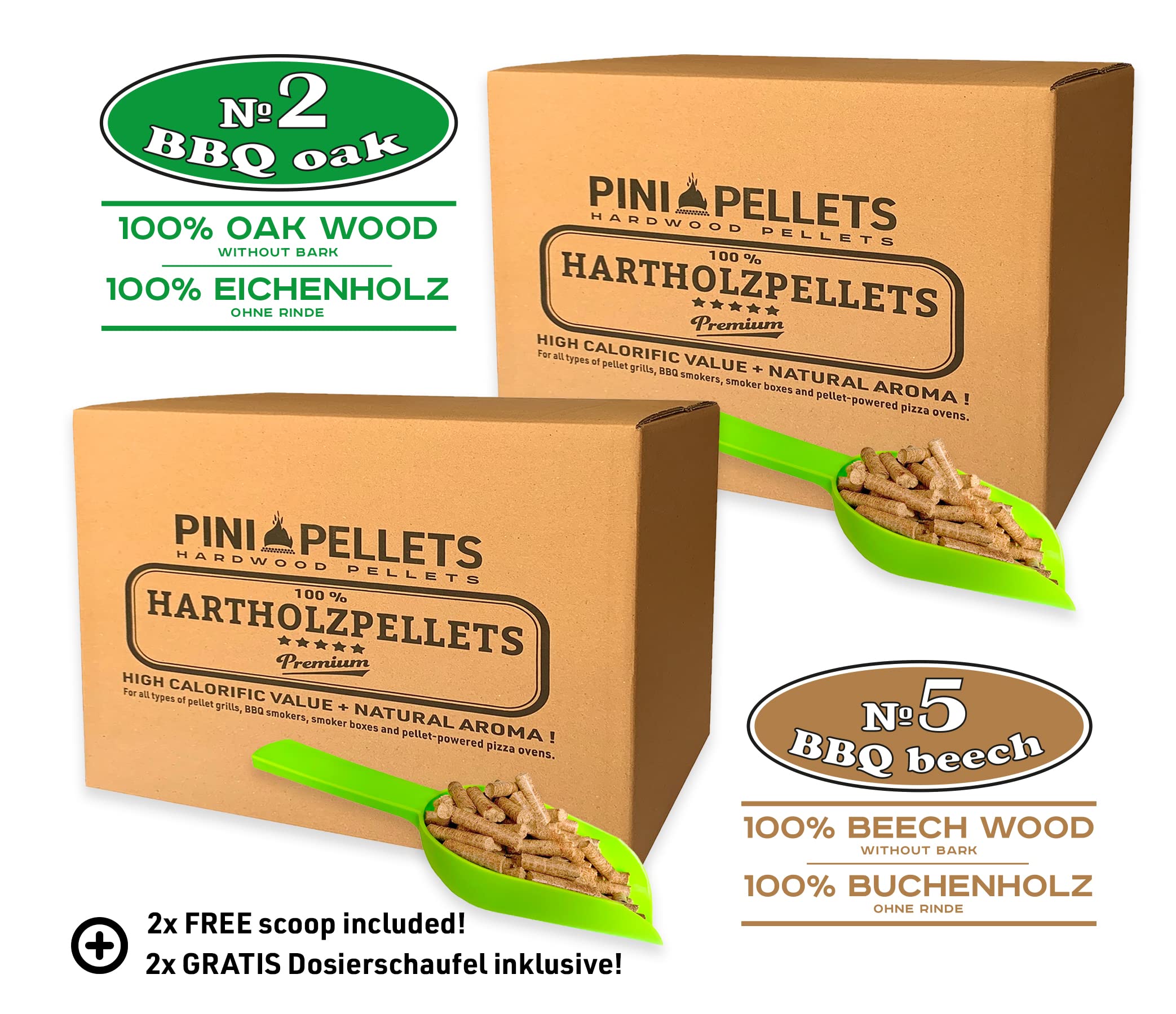 PINI Hartholz Pellets Eiche 15 Kg + Buche 15 Kg für Grill, Smoker, Pizzaofen und Heizungsanlagen