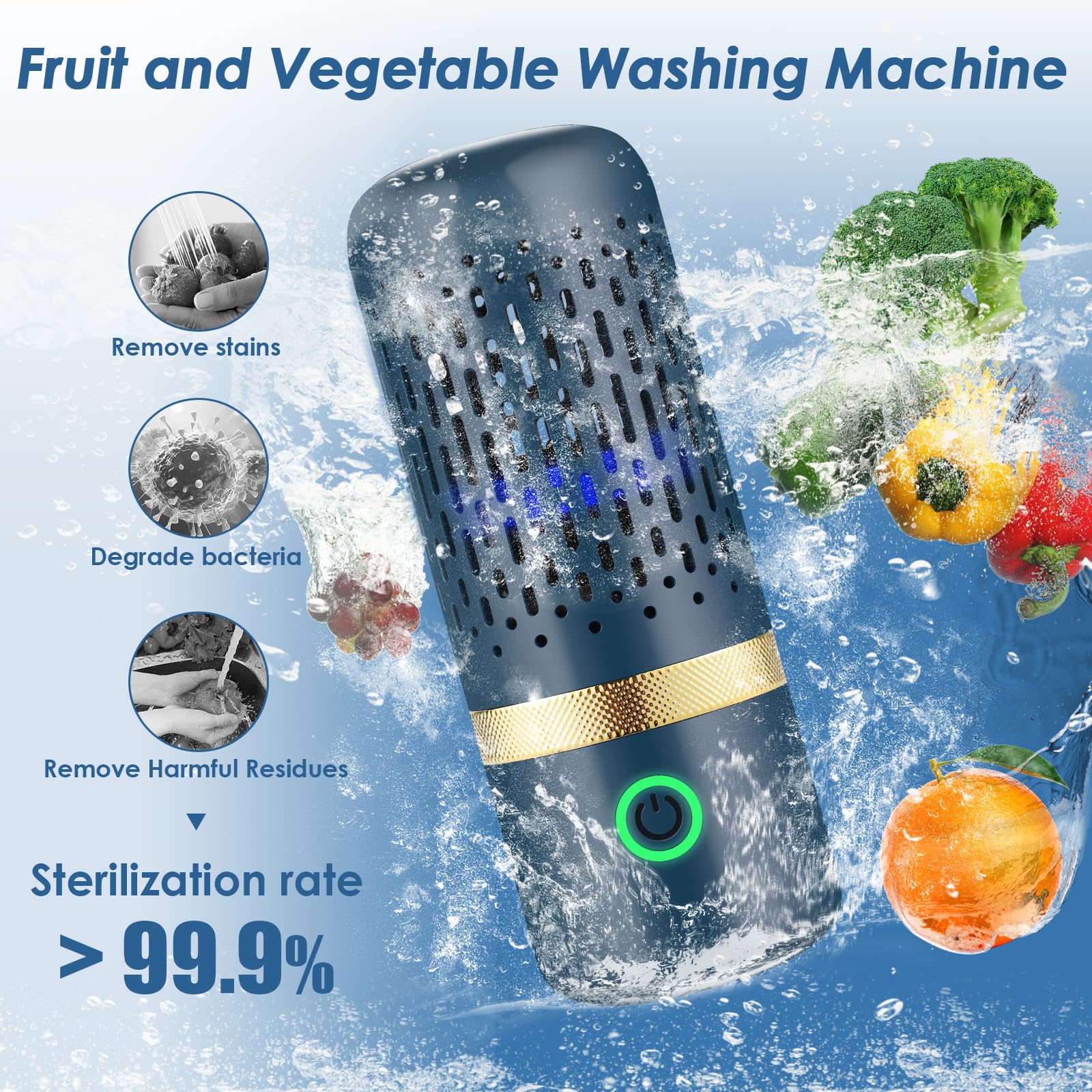 Cudinham Lavadora purificadora de frutas y verduras, máquina de desinfección en forma de cápsula, tecnología de purificación de iones OH para limpiar frutas y verduras, arroz, carne (océano azul)
