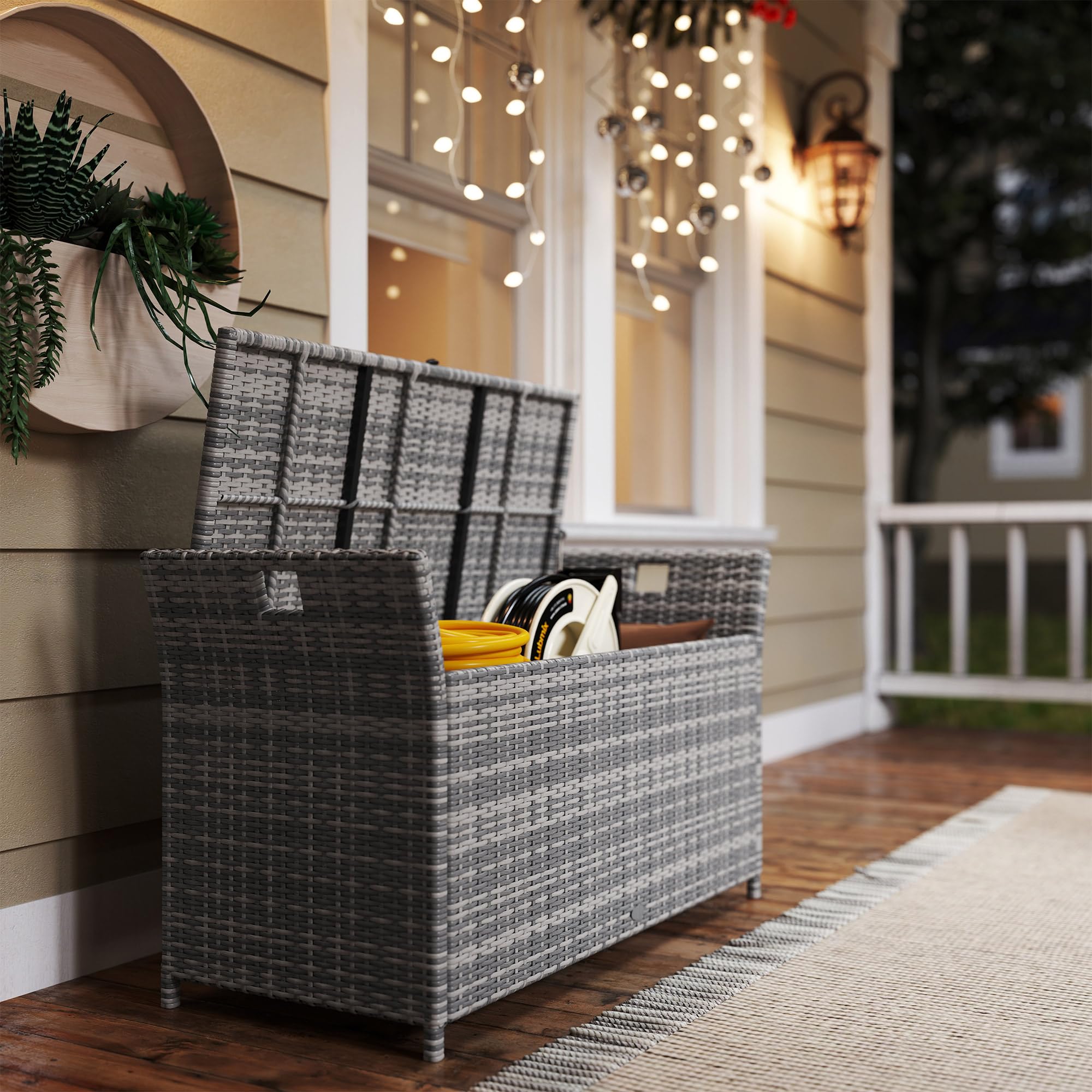 Outsunny Coffre de Rangement Extérieur 250L 125 x 55 x 70 cm crème et Gris | en Résine Tressée, Banc de Rangement, Coussin Amovible, Jardin Balcon Patio