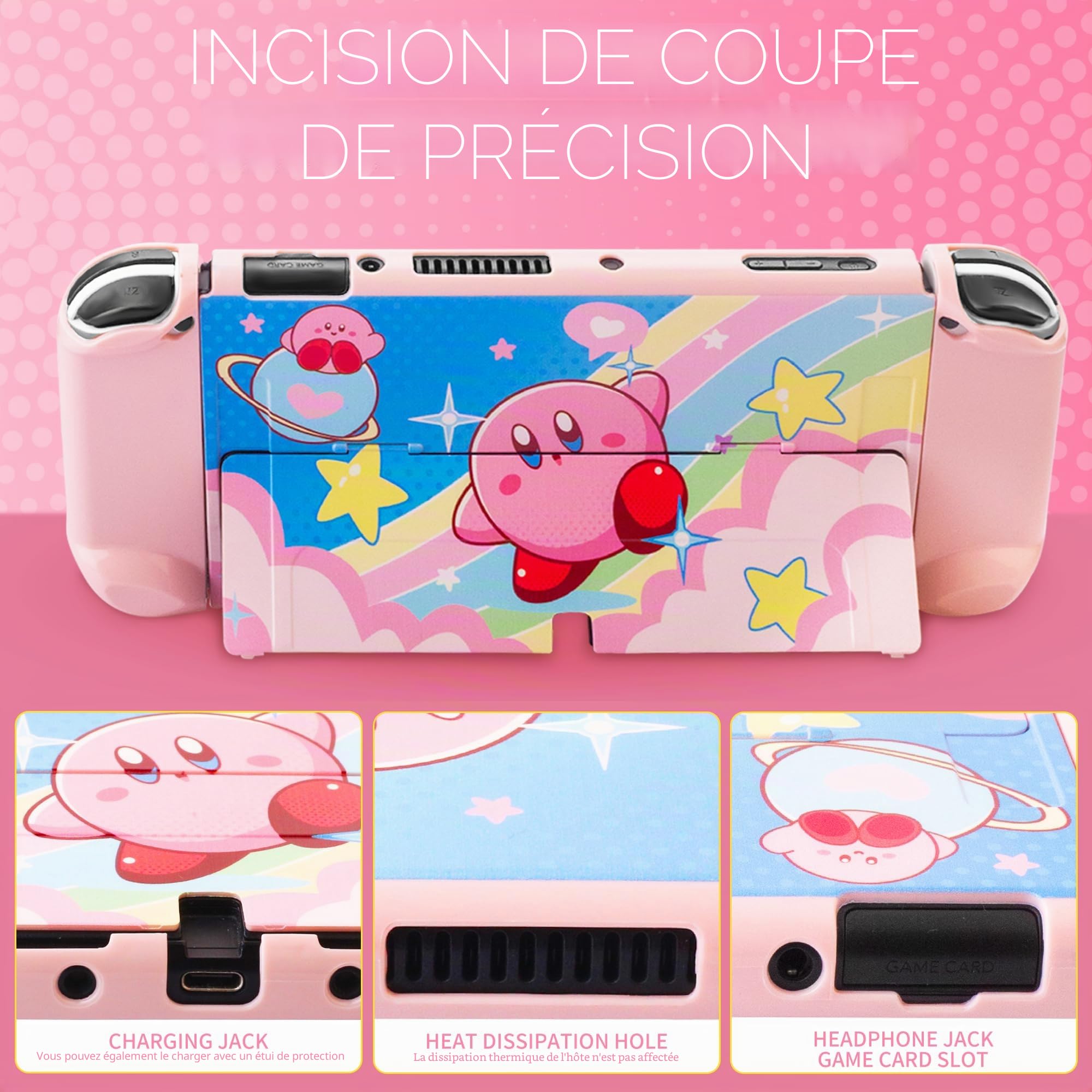 HYPERCASE Cute Anime Switch OLED Étui de transport avec sac de rangement de voyage portable de doublure rose, coque de protection rigide, protection d'écran HD, bandoulière et 2 capuchons de pouce