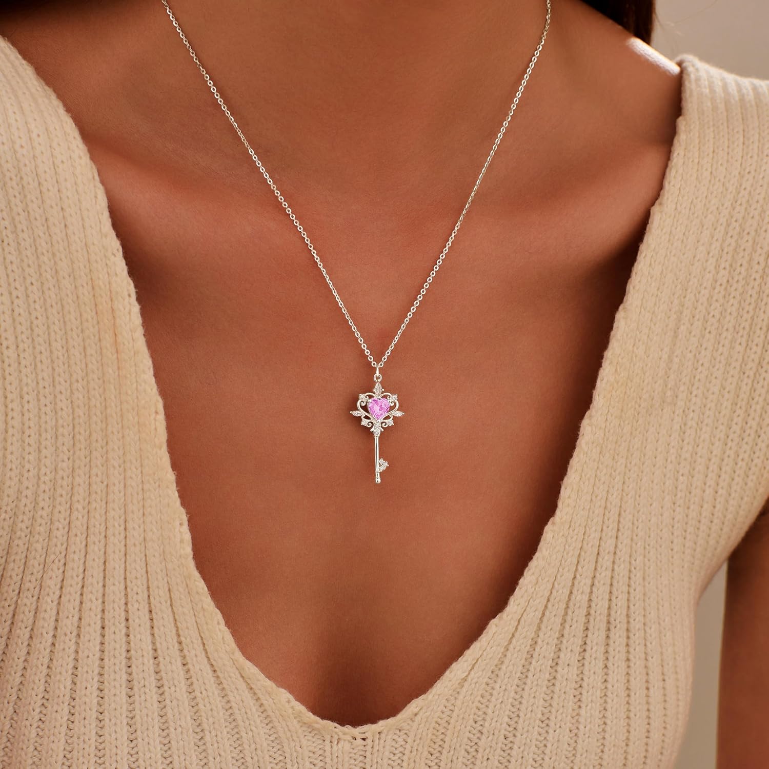 925 Sterling Silver Key Pendant Necklaces for Women Dainty Heart Birthstone Necklacce Hypoallergenic Cubic Zirconia Choker Necklace Engagement Wedding Valentines Jewelry Gift for Her - Image 3