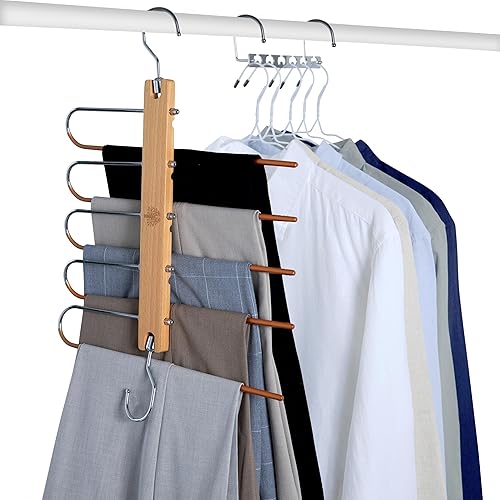 2 Pack Pant Hangers Space Saving & 2 Stainless Steel Multifunctional Hangers Jean Hangers for Closet, Pant Racks, Trouser Hangers Space Saving