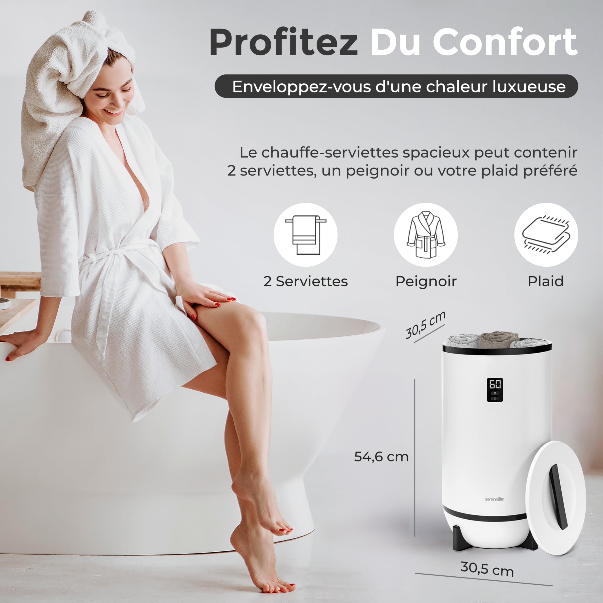 SereneLife Chauffe-Serviettes de Luxe – Seau Chauffant pour Salle de Bain | Arrêt Automatique | Support pour Disque Parfumé | Convient à 2 Grandes Serviettes