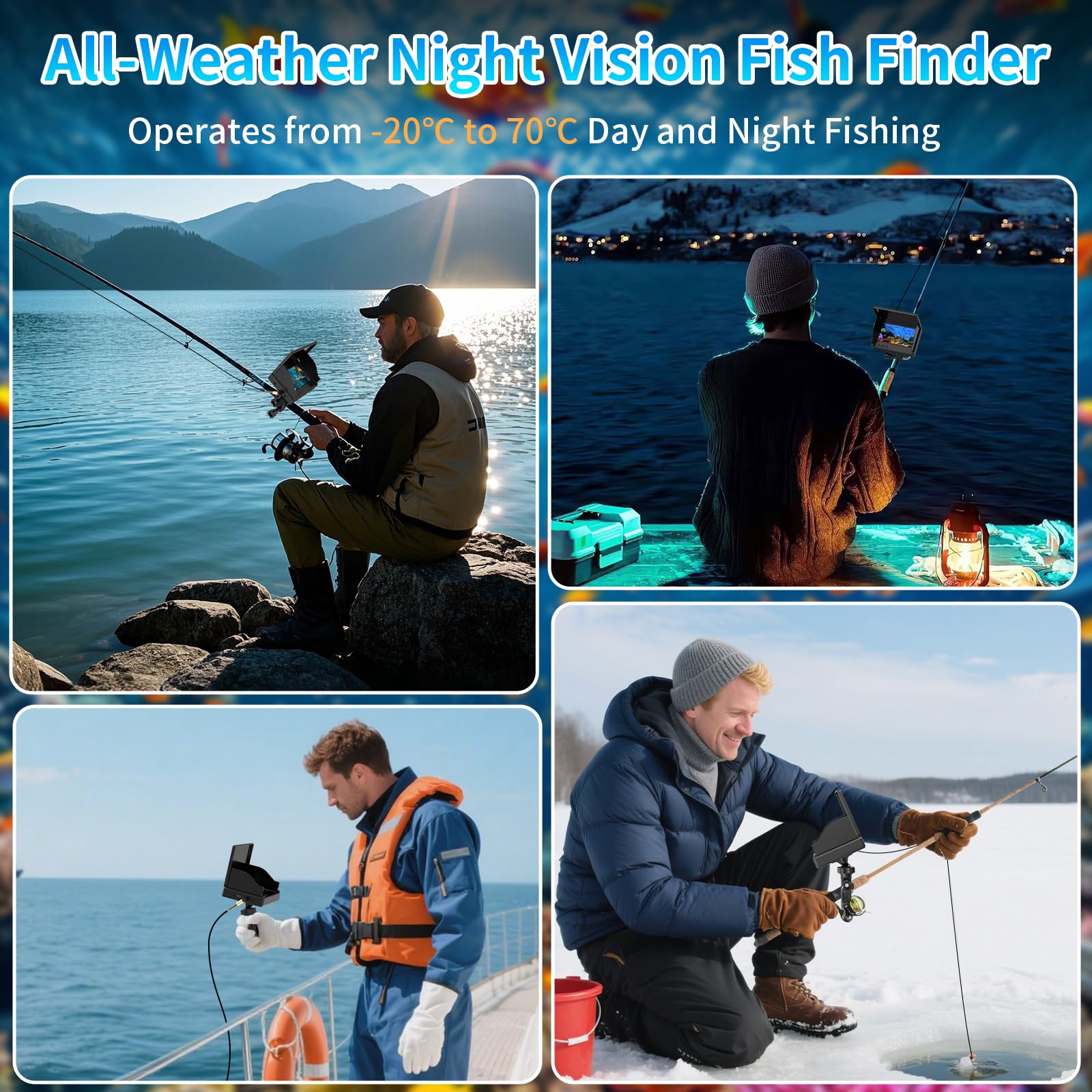 1080P HD Fischfinder Echolot Angeln 4.3-Zoll-LCD 30 m Wasserdichtem IP68-Kabel 6 IR-Nachtsichtlichtern Tragbarer Unterwasserkamera