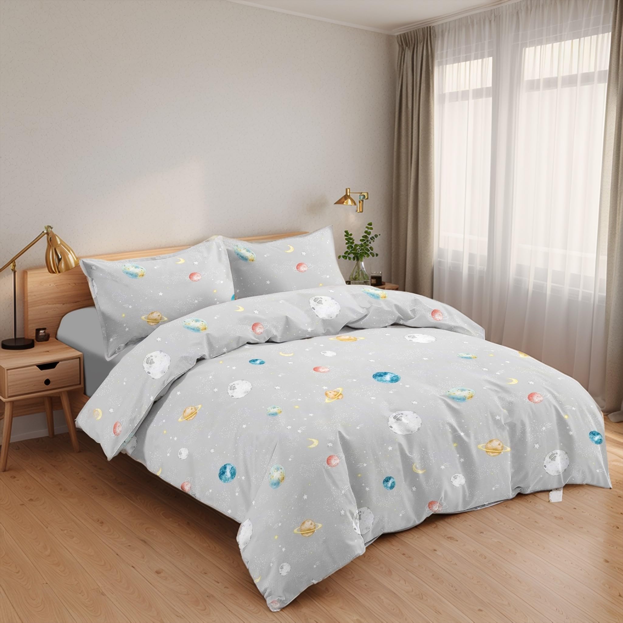 Juego de Funda Nórdica 3 Piezas Cama 90 Microfibra Extra Suave Transpirable - 1 Funda Edredón 150x220 cm, 1 Bajera 90x200+28 cm y 1 Funda Almohada 50x110 cm (Color Planetas)