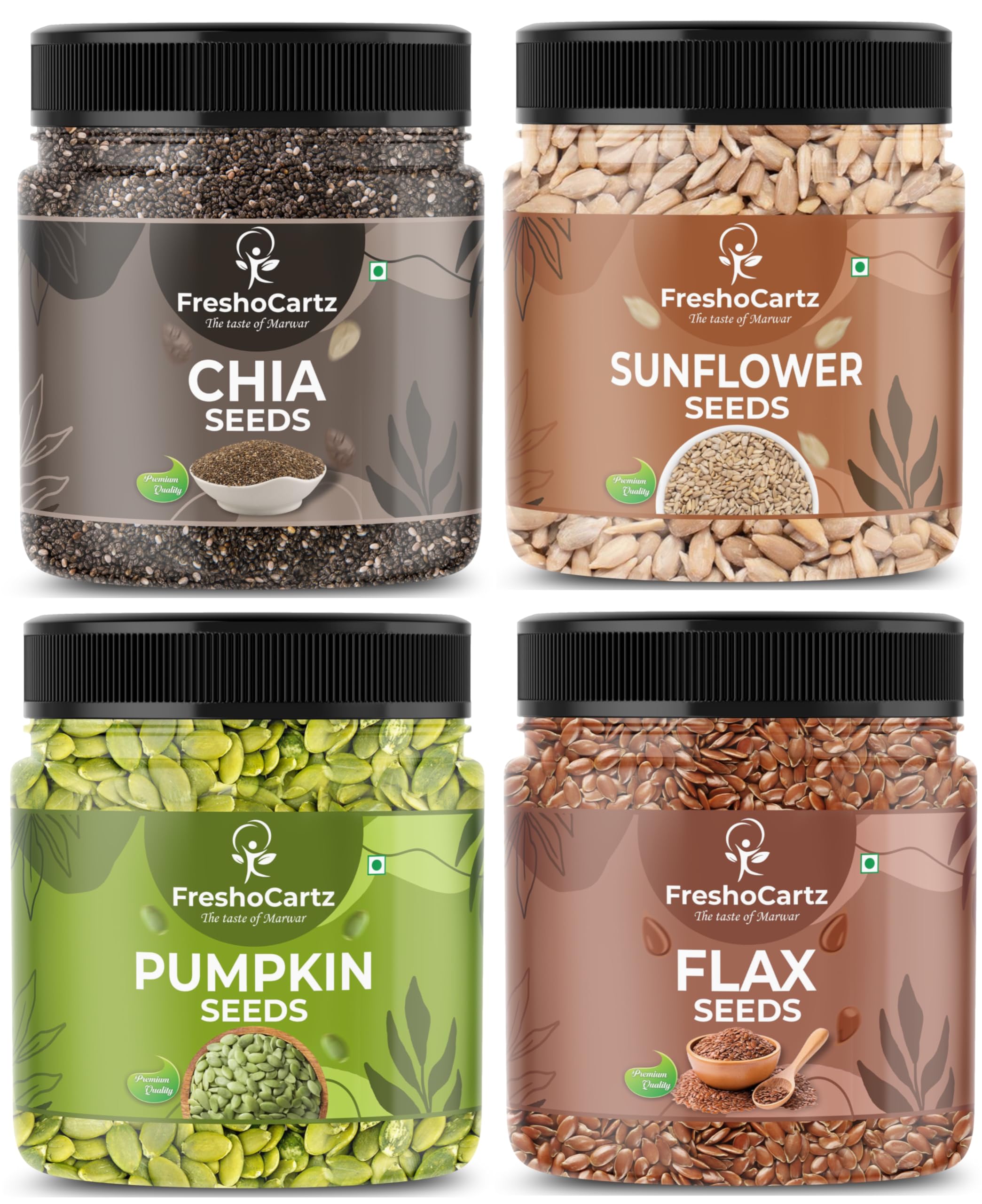 FreshoCartz Seeds Combo Pack | Pumpkin Chia Sunflower Flax Seeds for Eating | Seeds for Weight Loss | Immunity Booster - Jar Pack (Raw seeds, 500g Each)