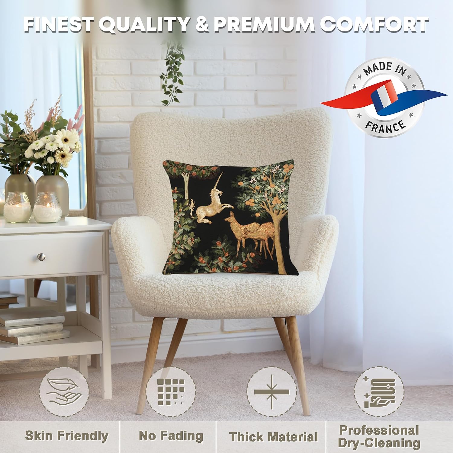 Charlotte Home Furnishings Inc Decorative Boho Throw Pillow Cover 19x19 in, Unicorn and Doe Black French Country Sofa Cushion Case Home Decor Cozy Tapestry Pillow Cover, European Cotton Jacquard Woven