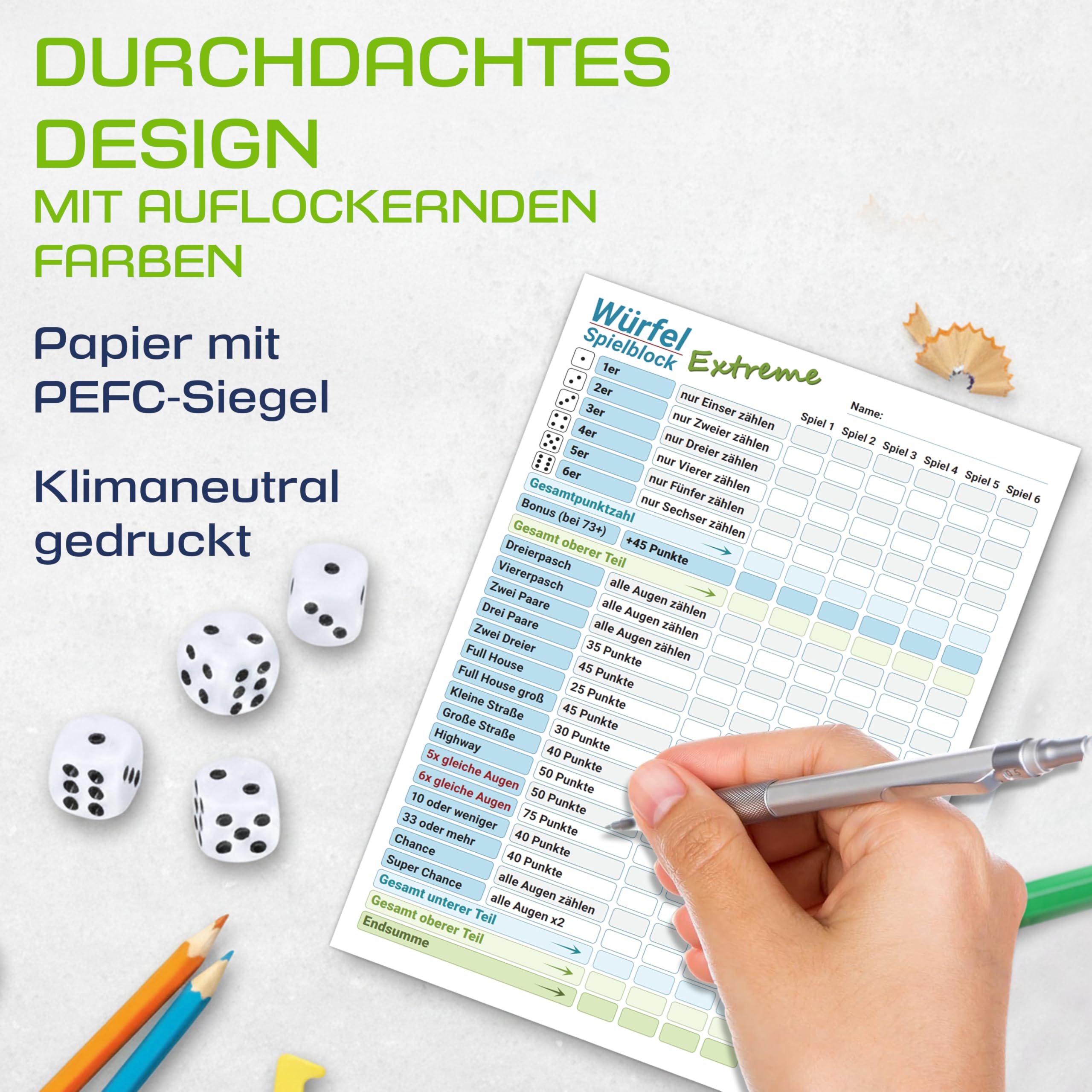 PICTALOO Würfelspiel Extreme Block DIN A5, gut lesbar und übersichtlich gestaltet, moderner Ersatzblock, Spielblock groß, auch für Senioren und Kinder geeignet, Würfel Spiel Set, Familienspiel (1)