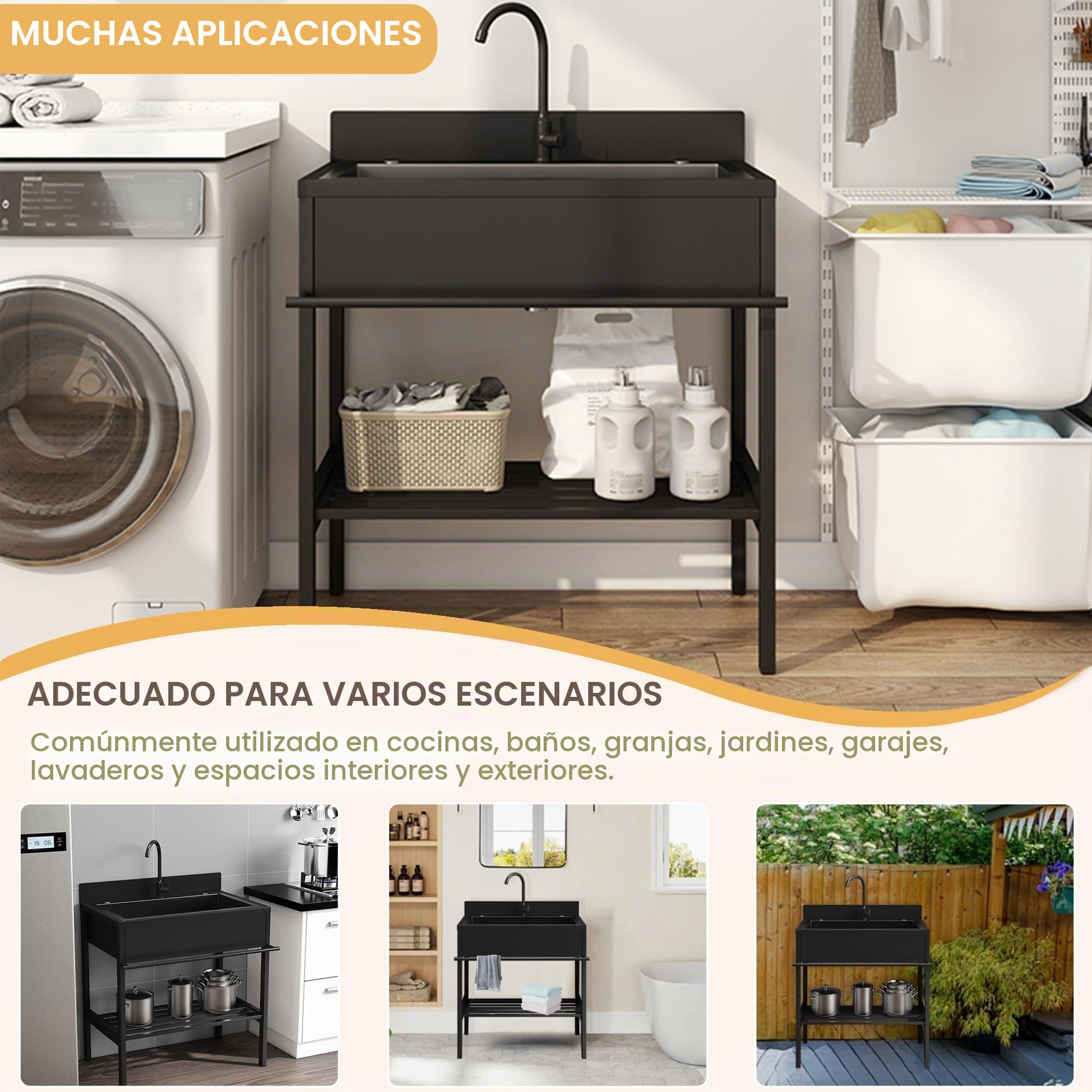 Fregadero Exterior Jardin, Mueble pila Lavadero, Fregaderos de Cocina 1 Senos de Acero Inoxidable, Fregadero Negro con Grifo y Escurridor, Limpieza Fácil, para Baño, Restaurante, Lavandería(86x51x94cm