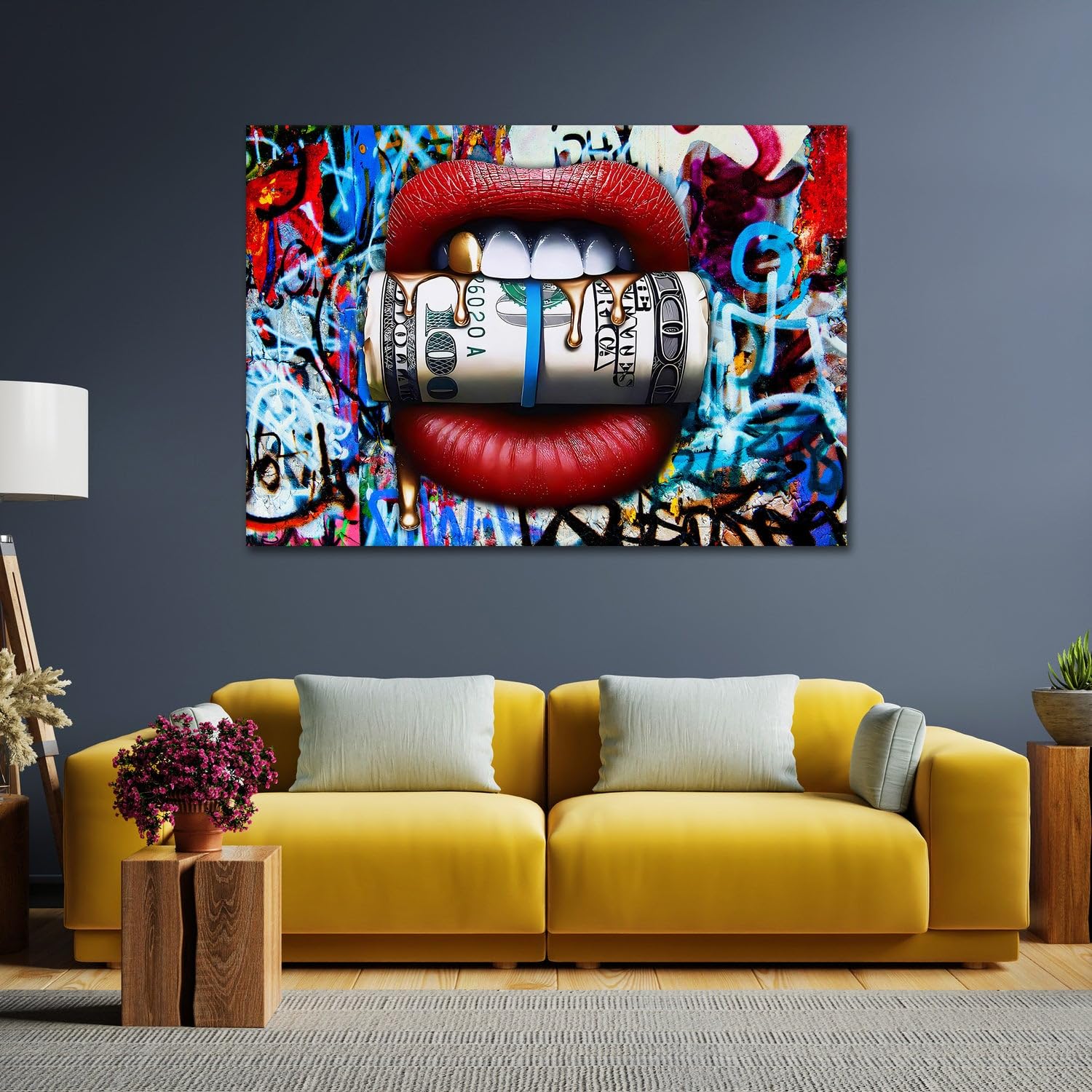 Quadro Moderno Stampa su Tela Money Lips Graffiti Pop Art Style Canvas Dimensione 60x40x2cm