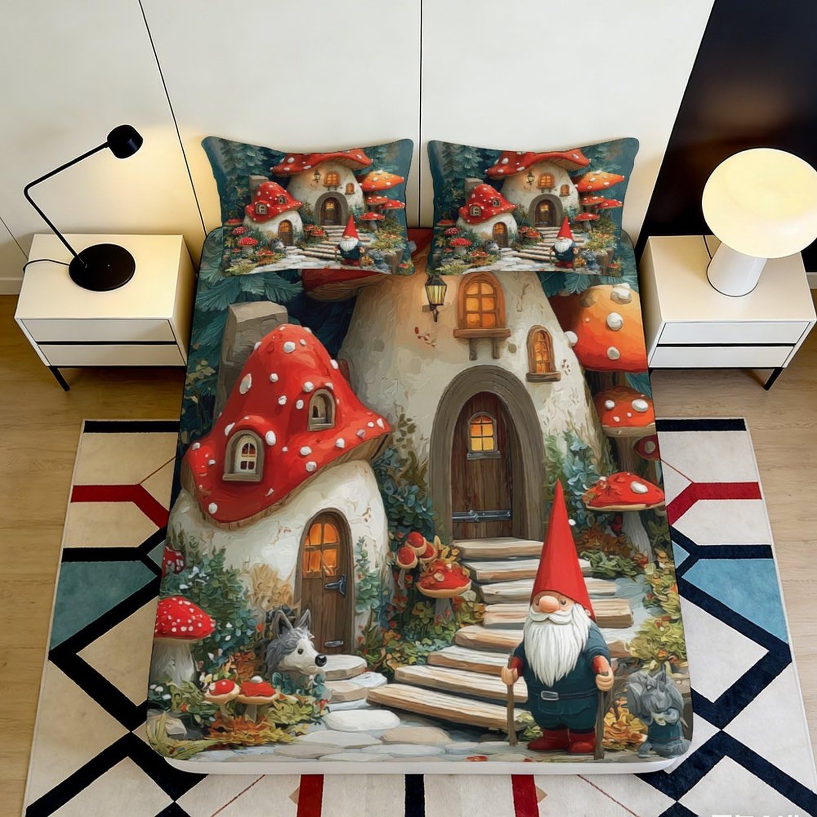 3D Printed Fairy Tale Mushroom House Fitted Sheet Microfiber Soft Durable Gnome Village Bed Cover for Bedroom Dormitory Home Decor 160x200x25cm