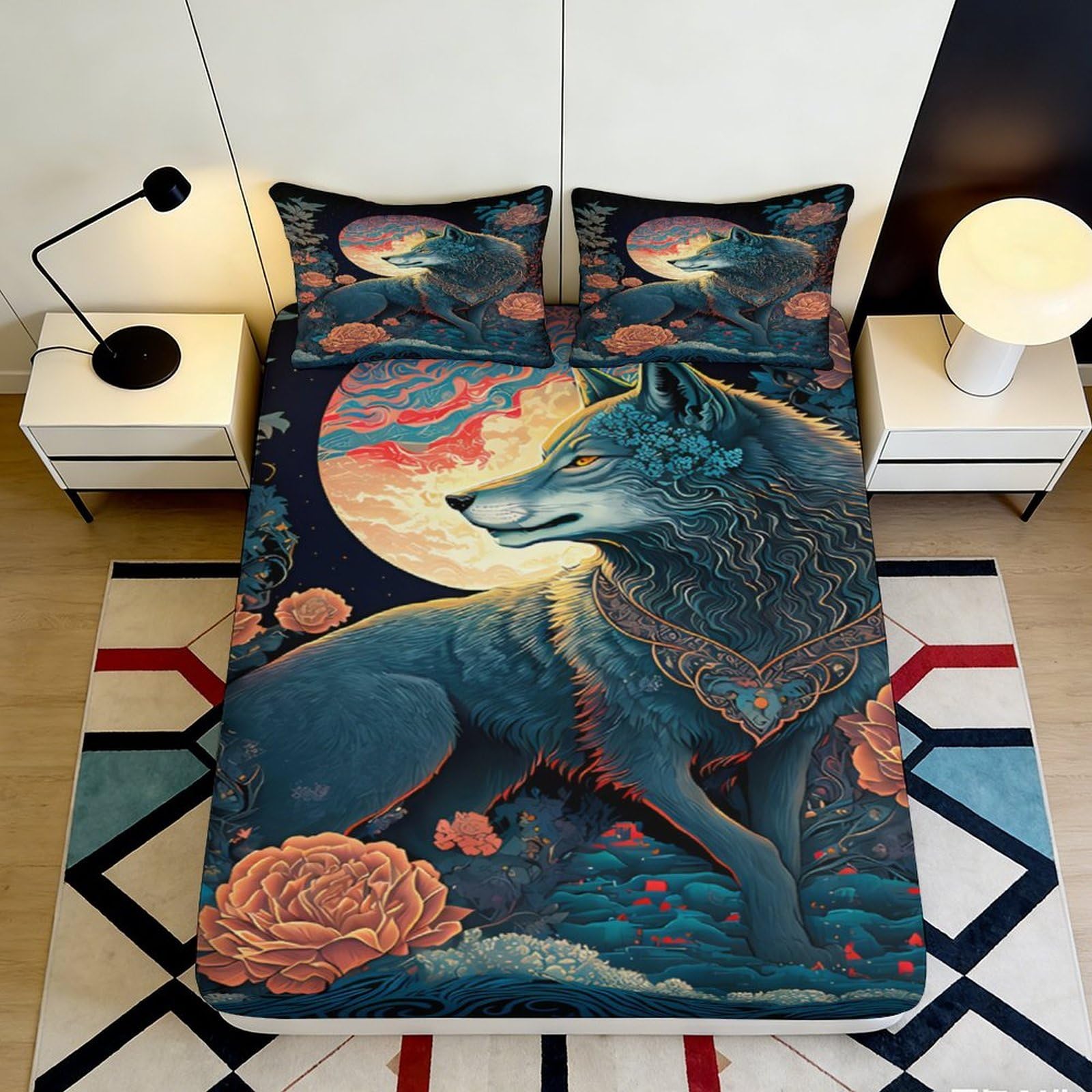 3D Printed Wolf Moon Fitted Sheet Microfiber Soft Breathable Floral Bed Cover for Bedroom Dormitory Guest Room Mattress Protection Decoration 180x200x25cm