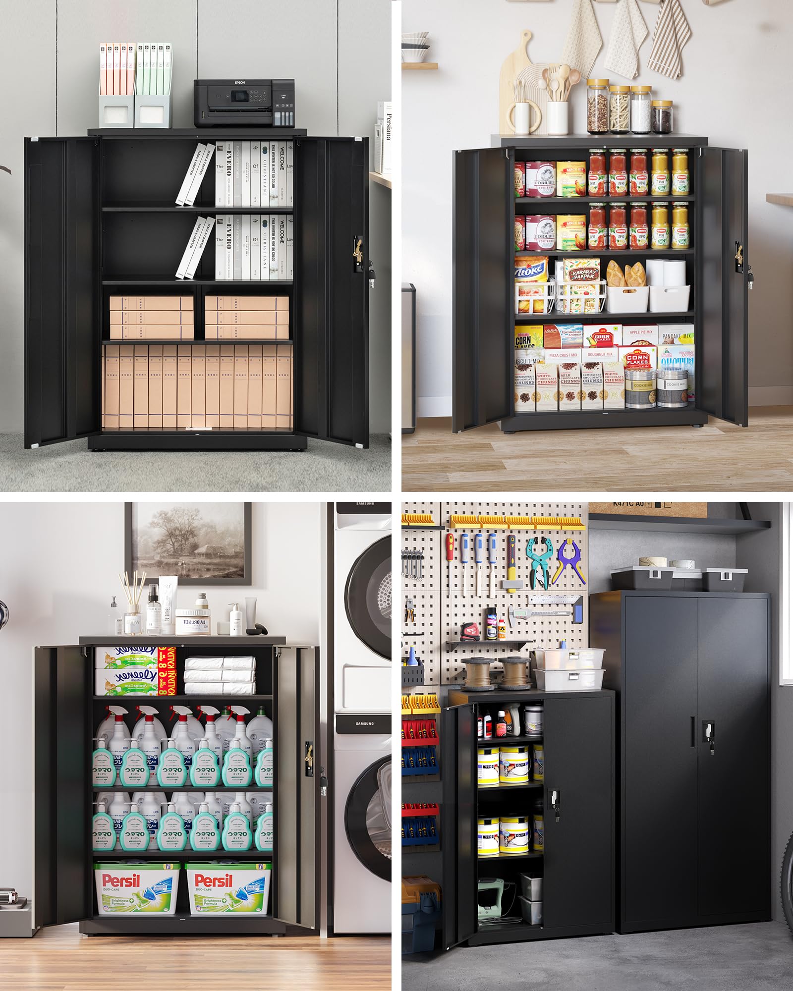 LAND·VOI Armadio in Acciaio 4 Ripiani con Serratura Ripiani Regolabili Ante a Doppia Porta Armadio per Ufficio Mobile in Metallo per Ufficio Garage Cucina Officina 80×40×131.5 cm Nero
